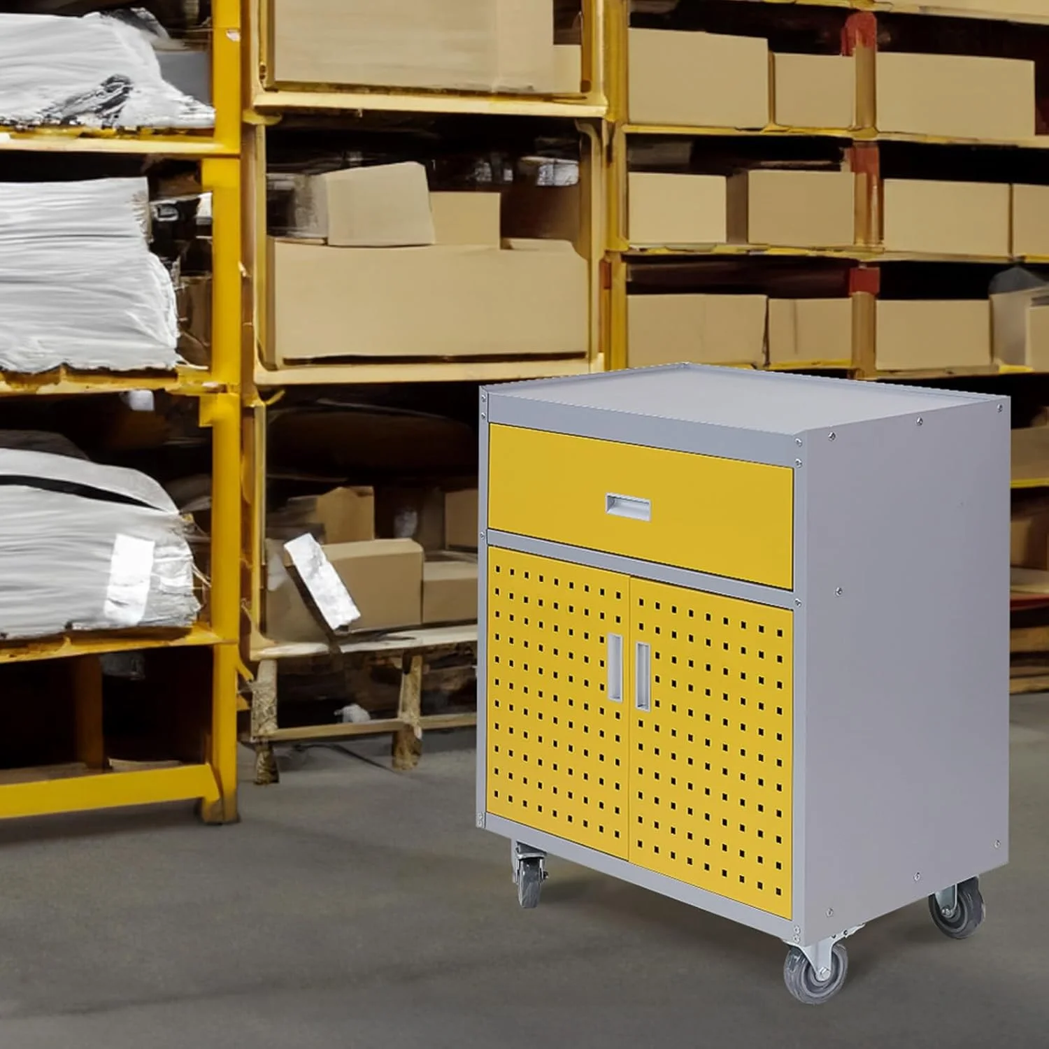 walsport Tool Chest, Rolling Storage Cabinet with Lockable Wheels with 1 Drawer & 2 Doors 1 Adjustable Shelf & 4 Hanging Hooks, Yellow - Image 8