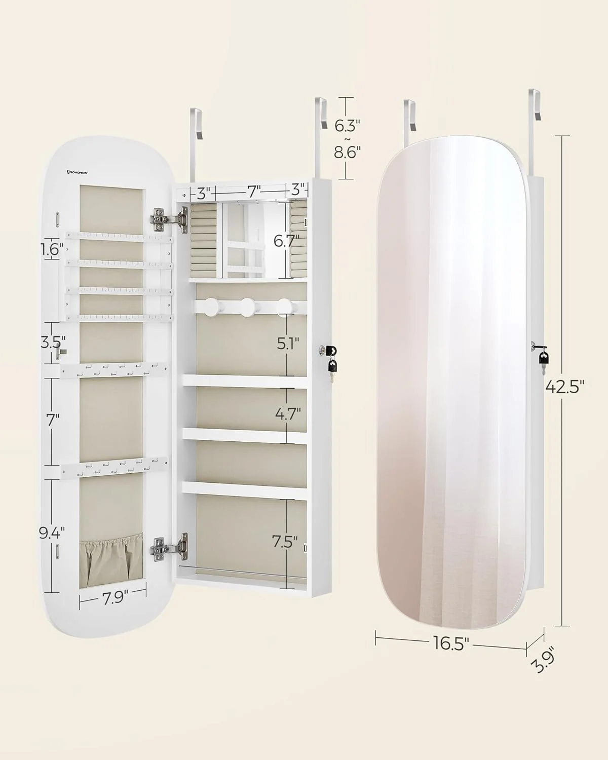 LED Jewelry Organizer Cabinet, Wall or Door Mounted Jewelry Storage Mirror with LED Lights - Image 3