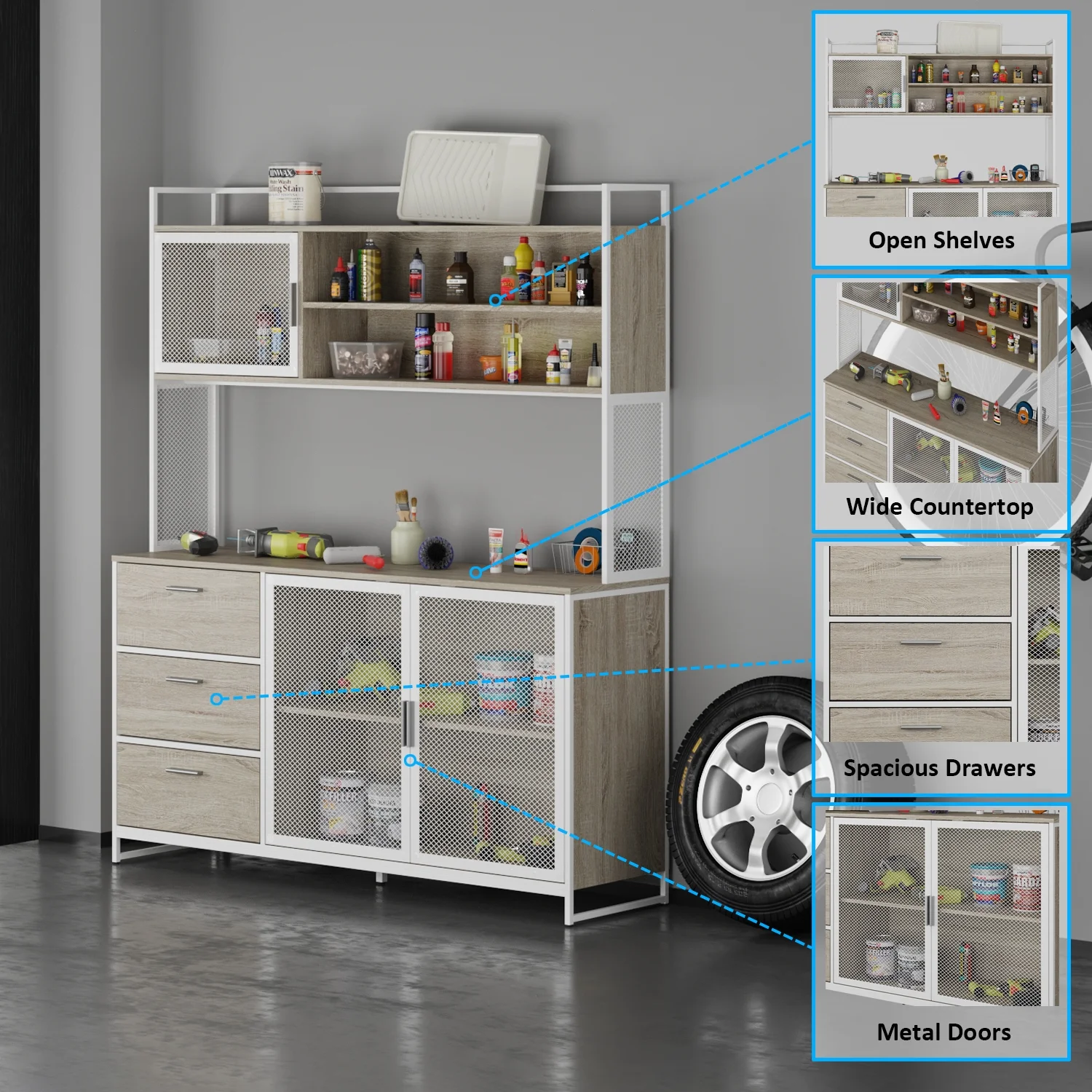 WIAWG Garage Cabinet with 3 Drawers and Metal Mesh Door, Industrial Mutifunctional Tool Storage Cabinet for Warehouse, Basement, Home Office (Walnut) - Image 9