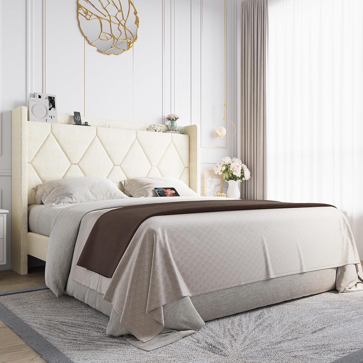 Queen Bed Frame with Storage Headboard & Smart Charging Station - Image 3