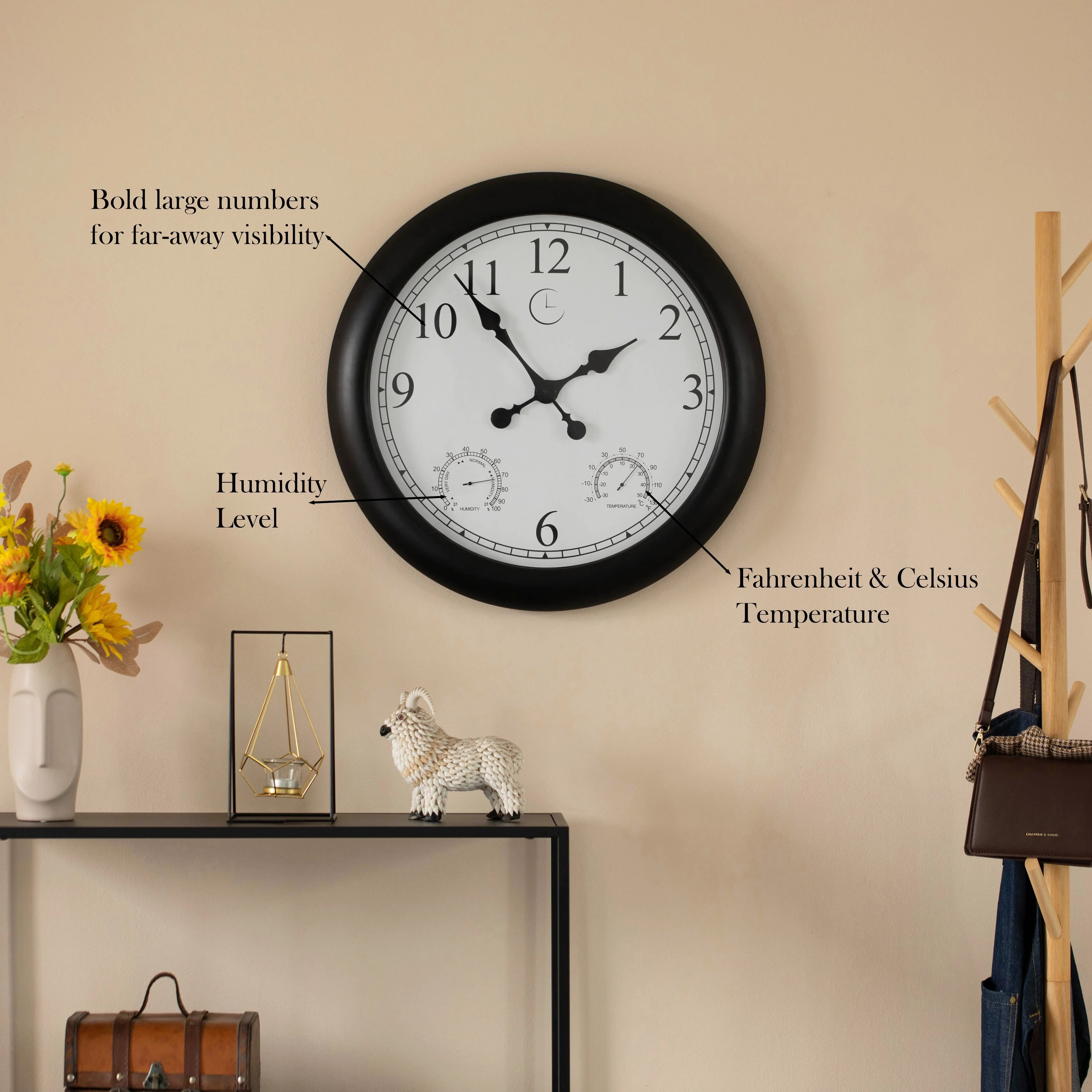 Large Outdoor Wall Clock with Thermometer, Waterproof Silent Garden Weather Station, Black - Image 6