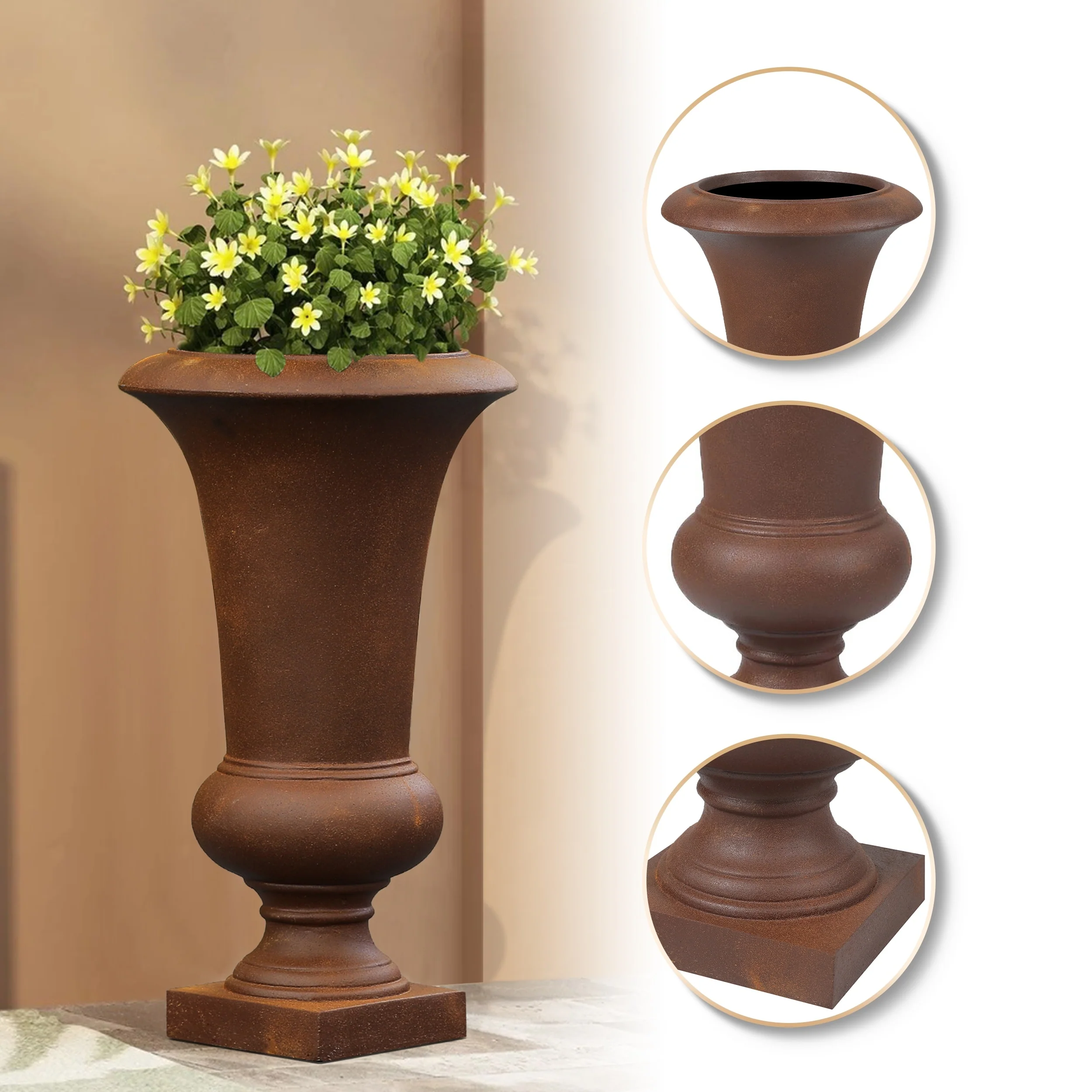 22.75" Tall Handmade Fiber Stone Urn Planter Pot, Decorative Outdoor Garden Flower Container for Patio and Home - Image 15