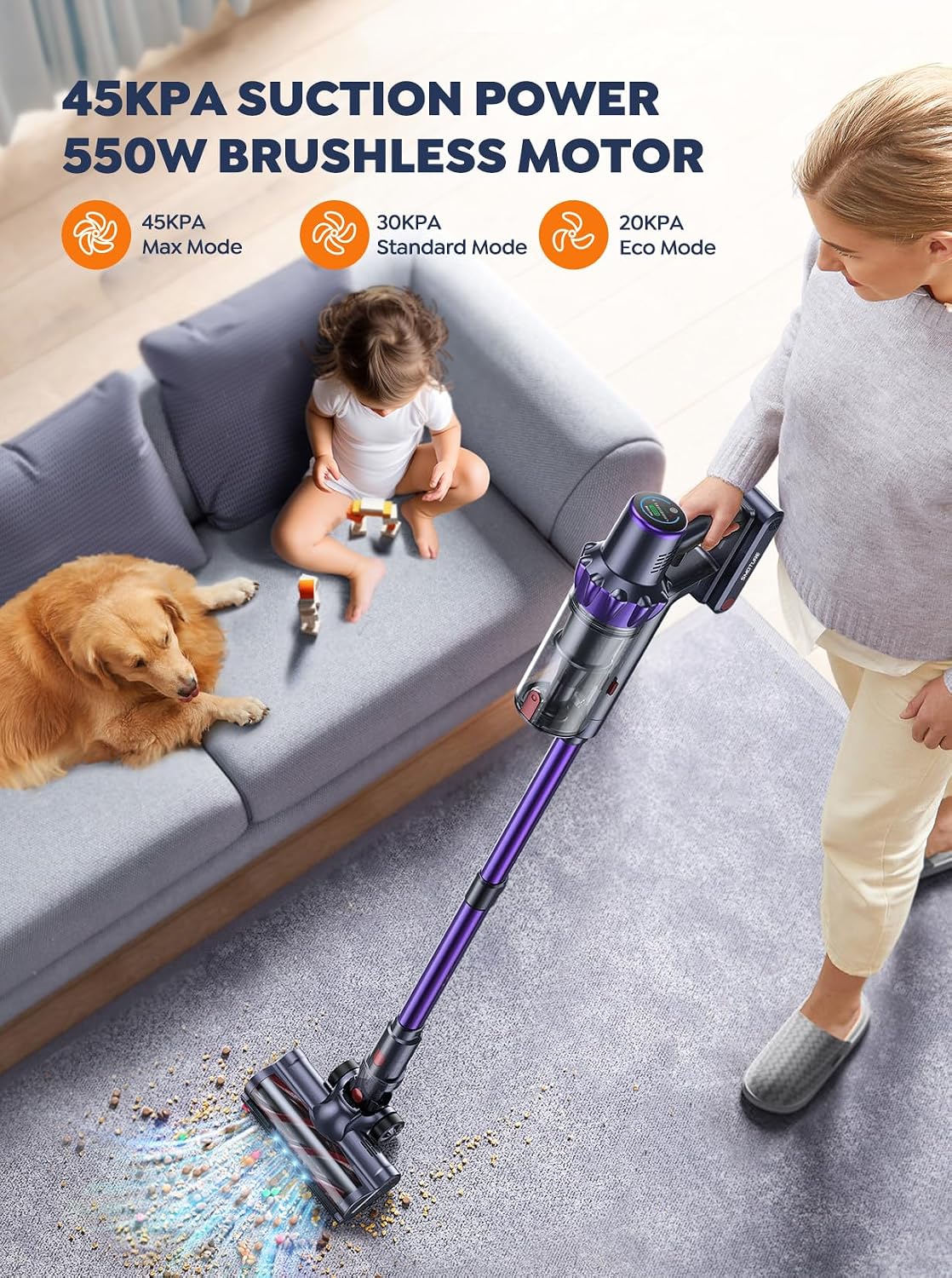 Cordless Vacuum Cleaner, 2 Batteries 110 Mins Runtime Vacuum Cleaners for Home, 45KPA 550W Stick Vacuum with Brushless Motor, Automatically Adjust Suction, Handheld Vacuum for Pet Hair/Carpet/Floor - Image 4