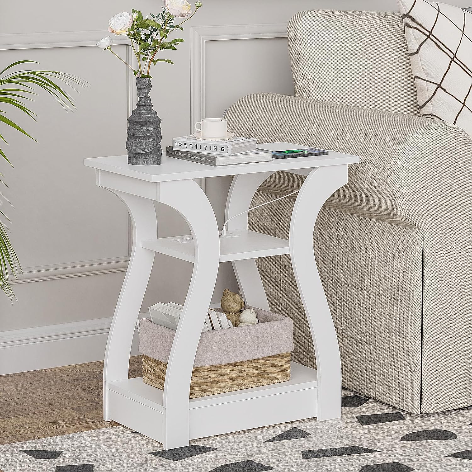End Tables Living Room Set of 2 with Charging Station, Grey - Image 9