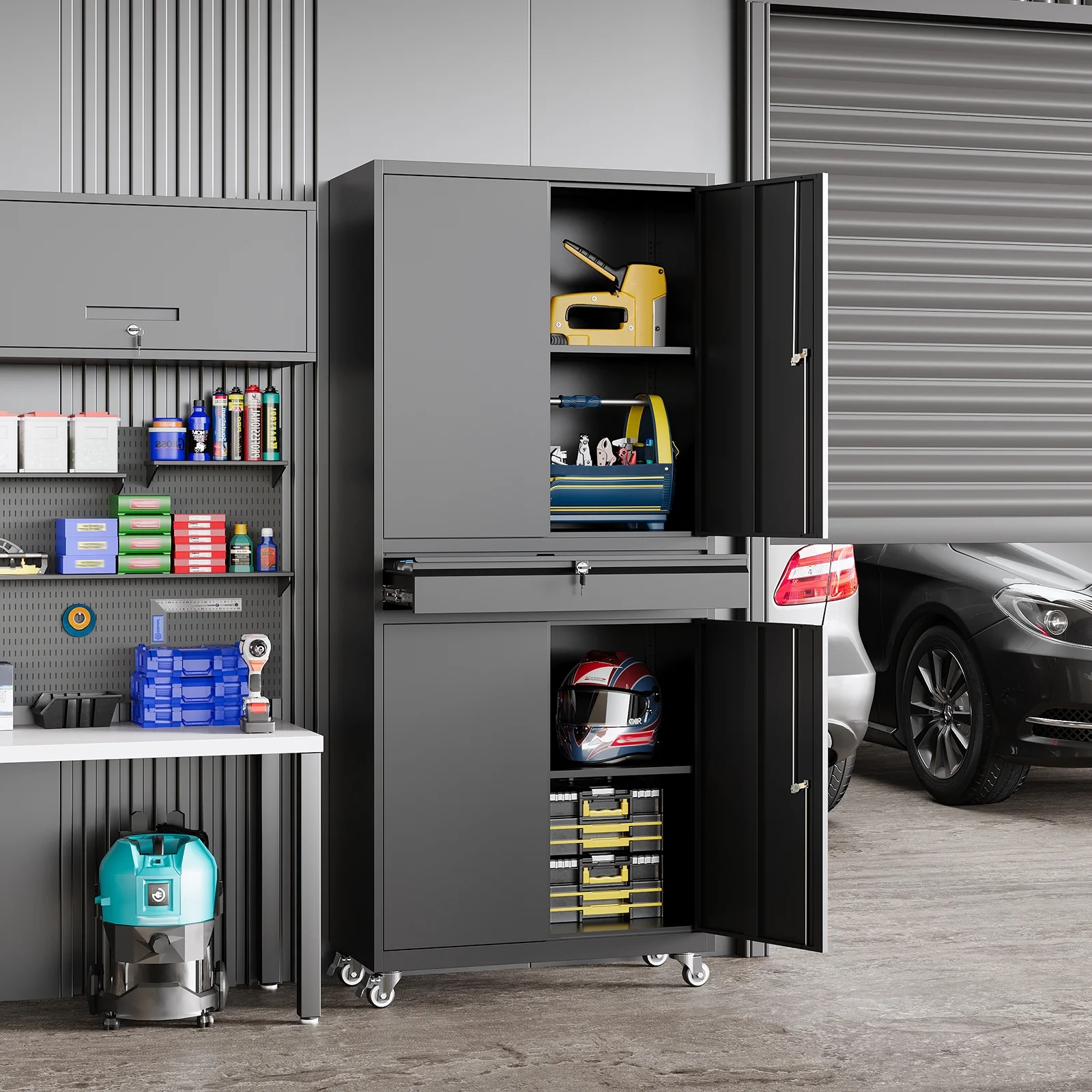 STANI Metal Garage Storage Cabinets with Drawer, 4 Doors Tool Storage Cabinet with 2 Adjustable Shelves, 73"H Rolling Steel Locking Cabinet for Garage Utility Room Home Office (Black, 4 Wheel) - Image 10