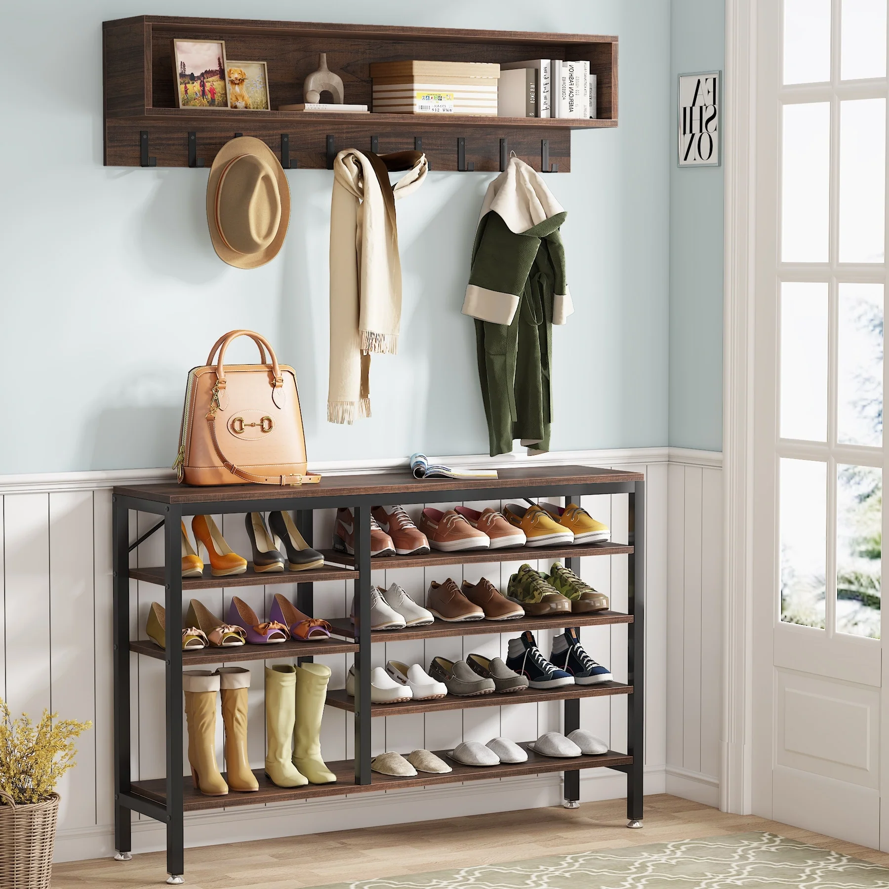 Entryway Coat Rack and Shoe Bench Set, Industrial Hall Tree with Coat and Shoe Storage - Image 31