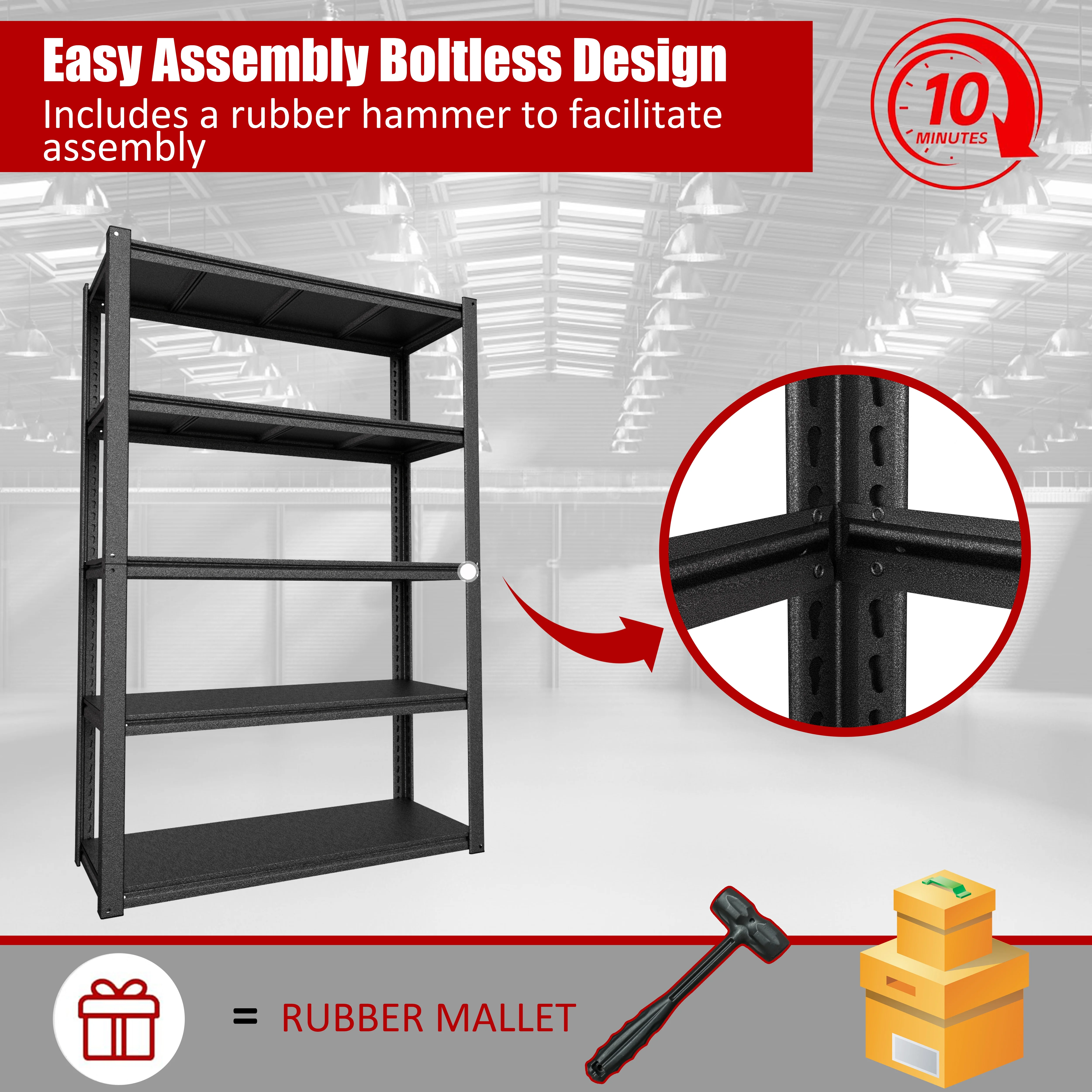 VEIKOUS 72 "H 5-Tier Metal Shelving, Heavy Duty Storage Rack w/ 2000Lbs Load Capacity for Garage, Basement, Shop, Black - Image 5