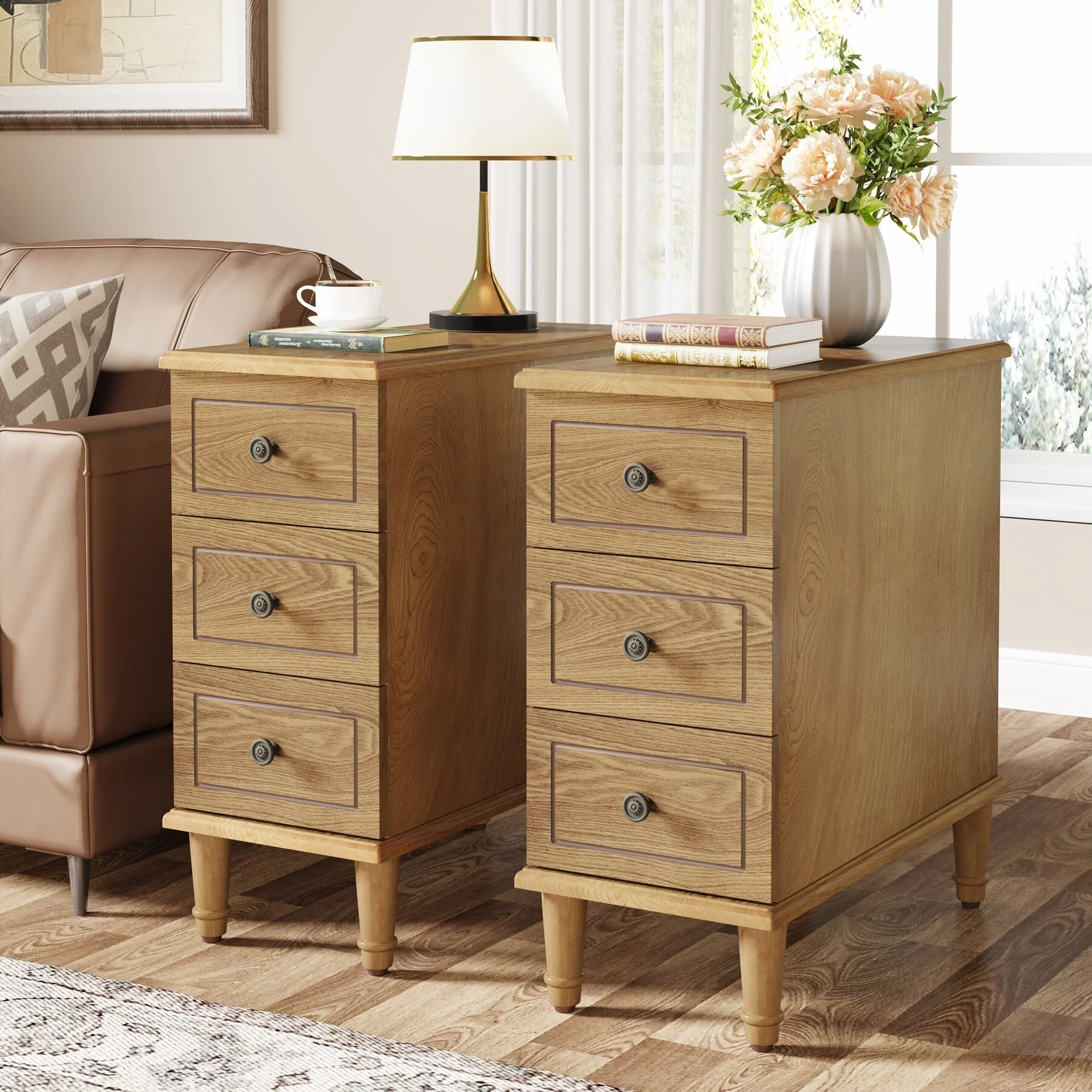 Fully Assembled Narrow End Table, Solid Wood Side Table with 3 Drawers, Vintage Nightstand for Small Spaces - Image 4