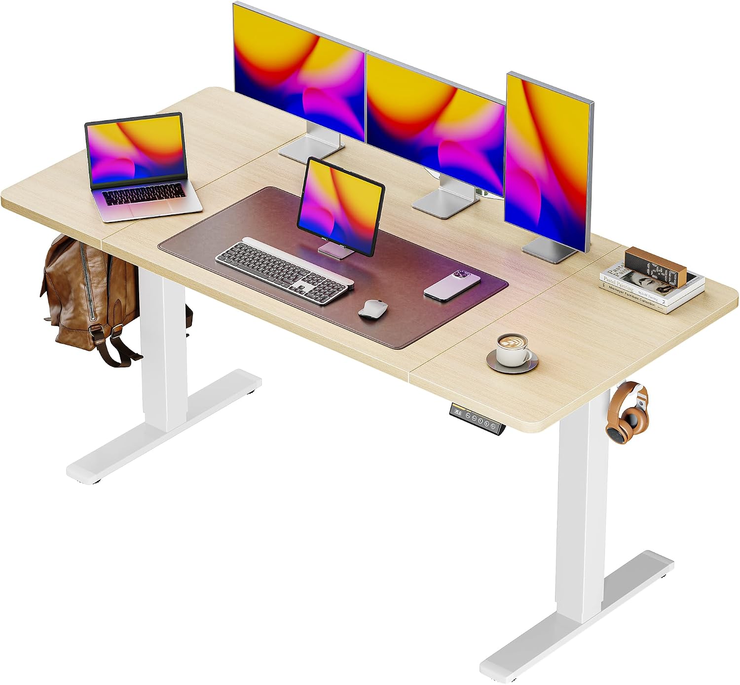 55 x 28 Large Electric Standing Desk, Height Adjustable Computer Desk, 27.6" Deep Desktop, Stand up Gaming Office Desk with 2 Hooks, 3 Preset Heights, for Home Office, Rustic Brown - Image 4