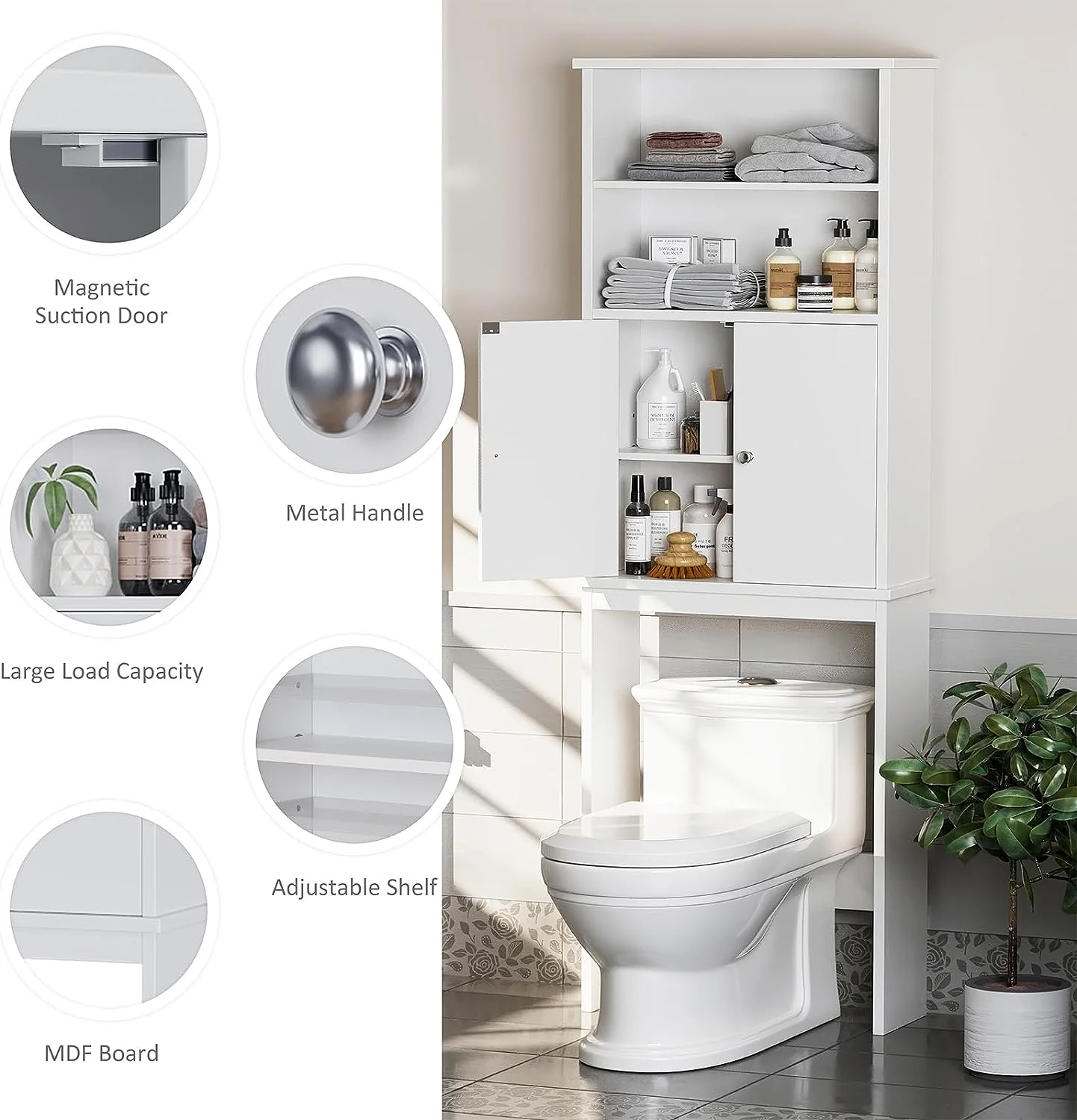 Sobaniilo Over The Toilet Storage Cabinet for Bathroom, Storage Organizer Over Toilet, Space Saver W/Adjustable Shelf & Open Storage Shelf, 75in, White - Image 9