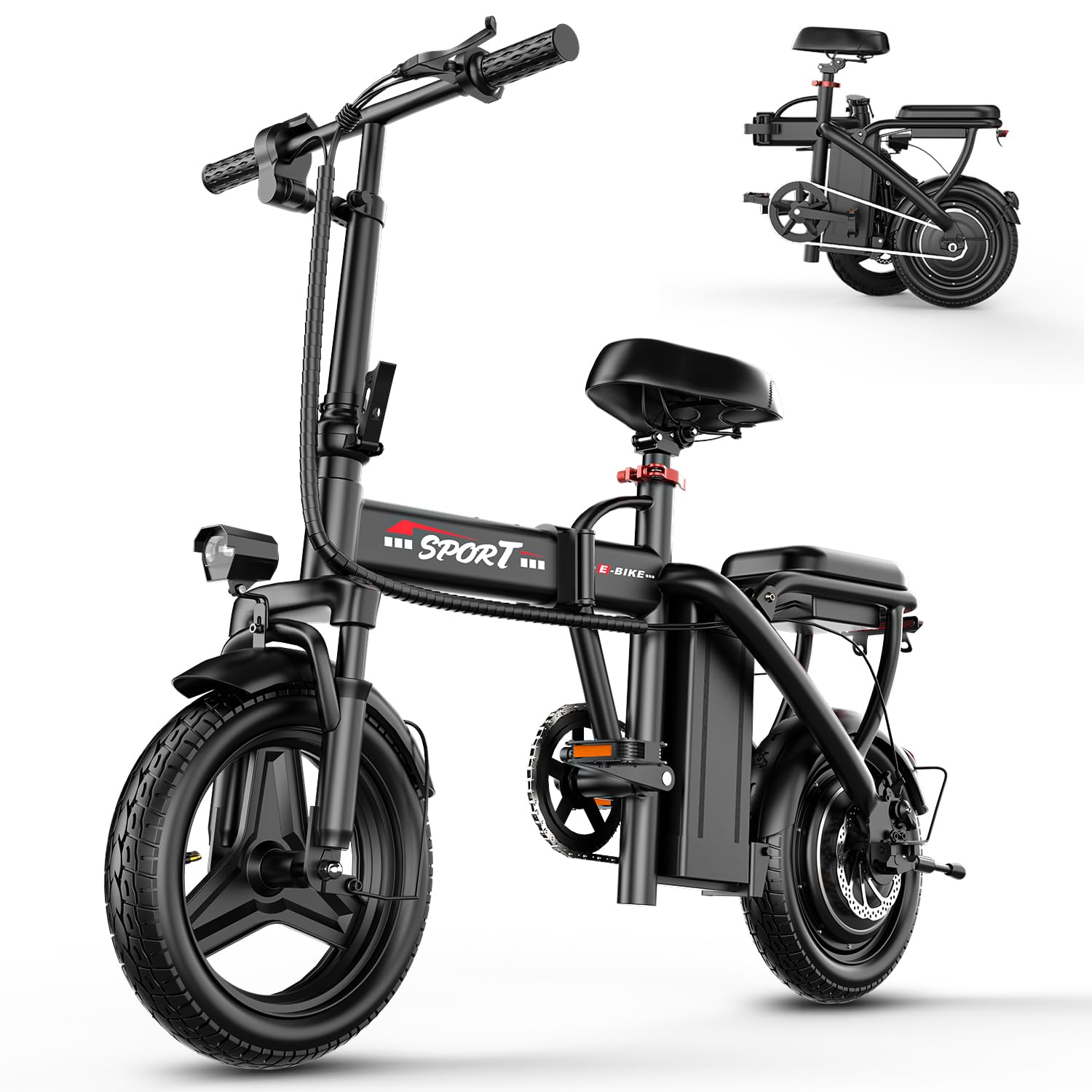 Electric Bike for Adults Teens, 800W/1200W Peak Folding E Bike | 22/25MPH & 30/45 Miles Range, 14" Commuting Ebike with 3-Speed Modes, Portable Electric Mini Bike - Image 2