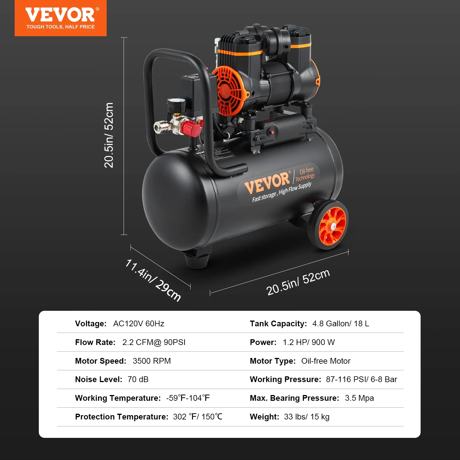 VEVOR 4.8 Gallon Air Compressor, 1.2HP 2.2 CFM@90PSI Oil Free Air Compressor Tank & Max. 116PSI Pressure, 70 dB Ultra Quiet Compressor for Auto Repair,Tire Inflation,Spray Painting,Woodwork Nailing - Image 7