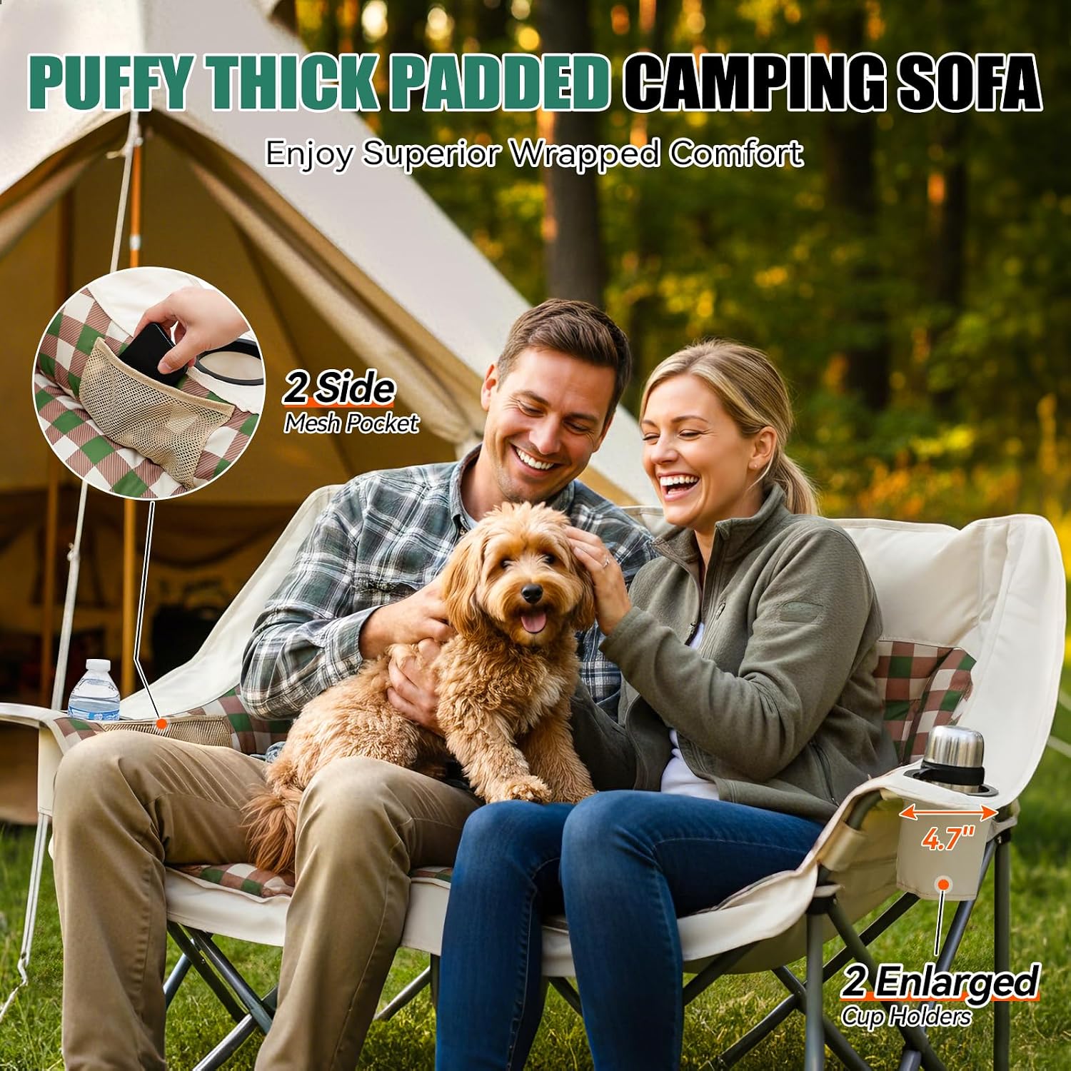 Double Camping Chair, Oversized 2 Person Camp Chairs with Cup Holders Side & Backrest Mesh Pockets Padded Loveseat Camping Chair Foldable for Outdoor Lawn Backyard Beach Support 800LB - Image 3
