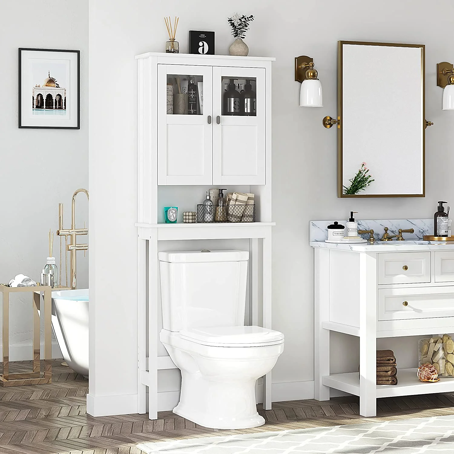 Spirich Bathroom Cabinet Over Toilet, Bathroom Storage Cabinet with Glass Doors and Adjustable Shelves, Over The Toilet Storage Cabinet, White - Image 3