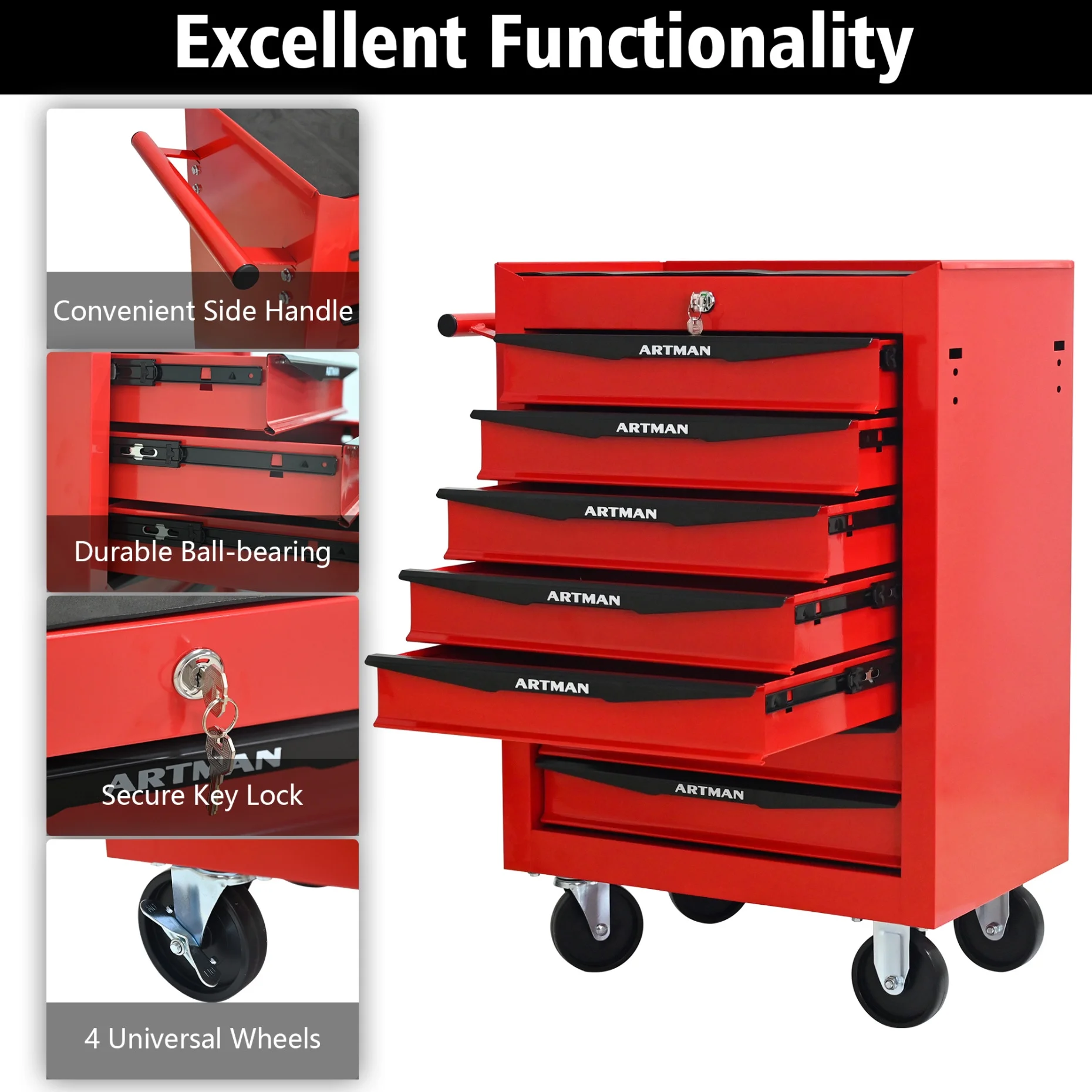 Rolling Steel Tool Chest with 7 Drawers, Ball Bearing Slides & 4-Wheel Mobility - Lockable Storage Cabinet for Workshop or Garage - Image 5