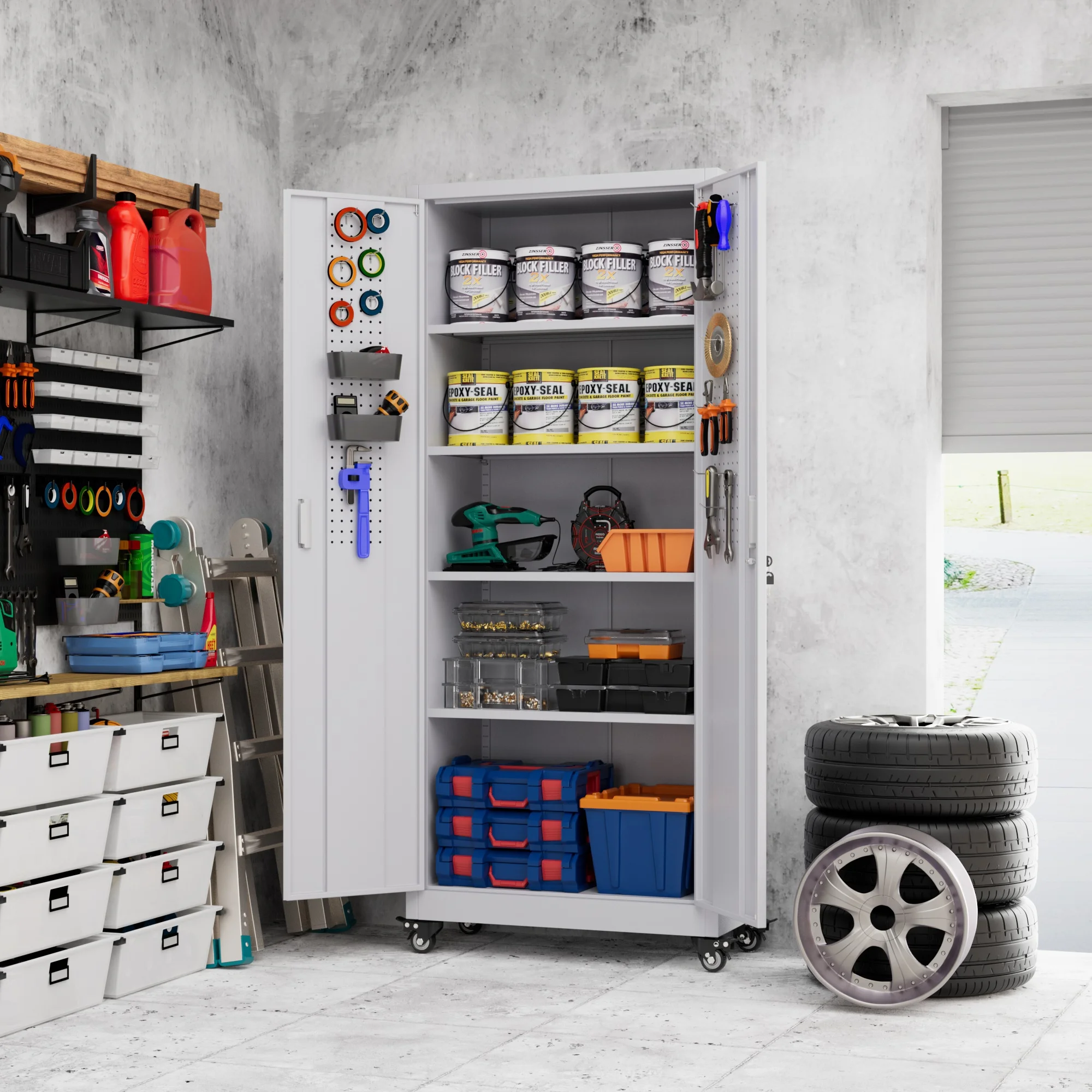 SUXXAN Metal Rolling Cabinet with 2 Swing Doors, Adjustable Shelve, Storage Tool Chest for Garage Utility Room, White - Image 63