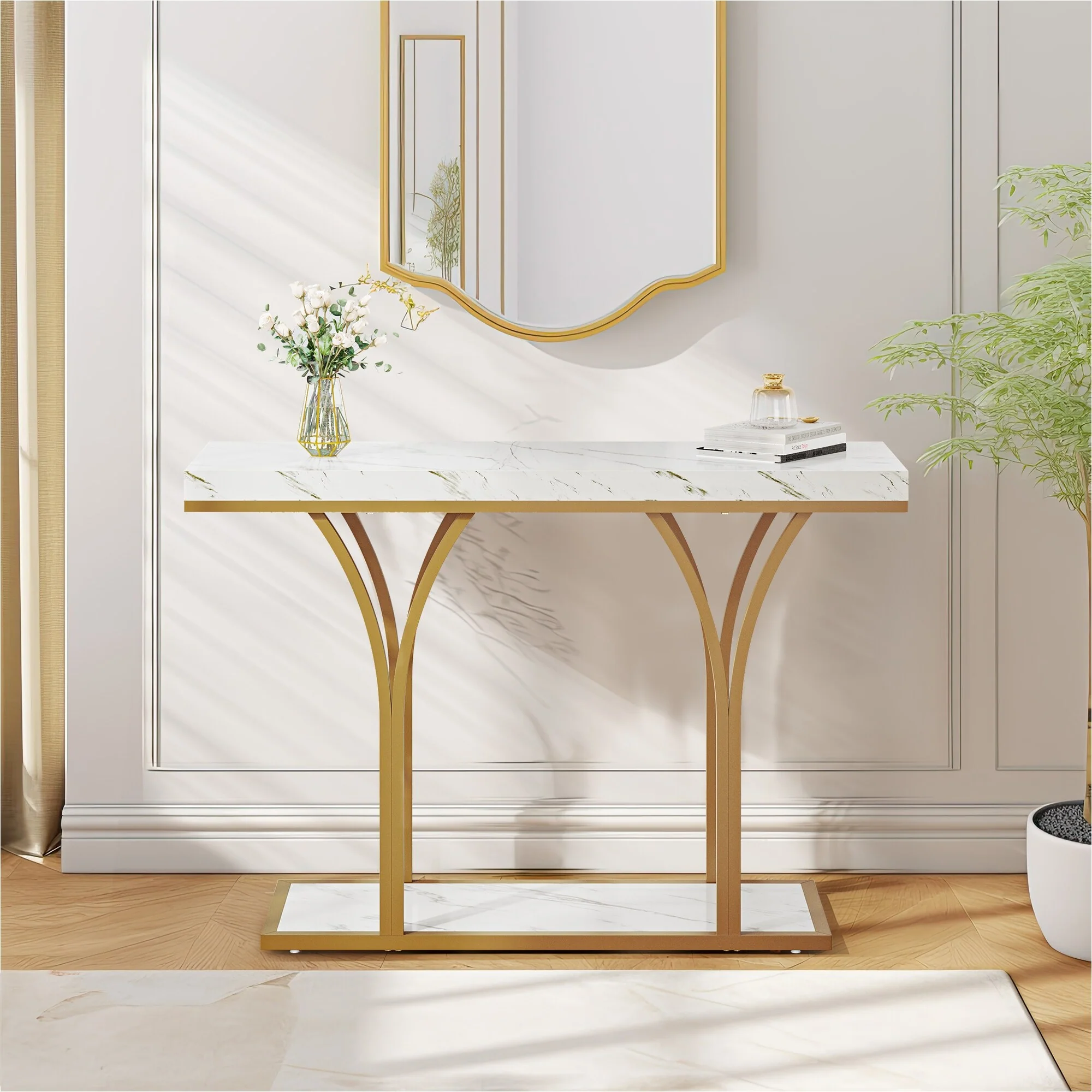 Modern Gold Console Table with Marbled Top, Sofa Table for Entryway and Hallway - Image 36