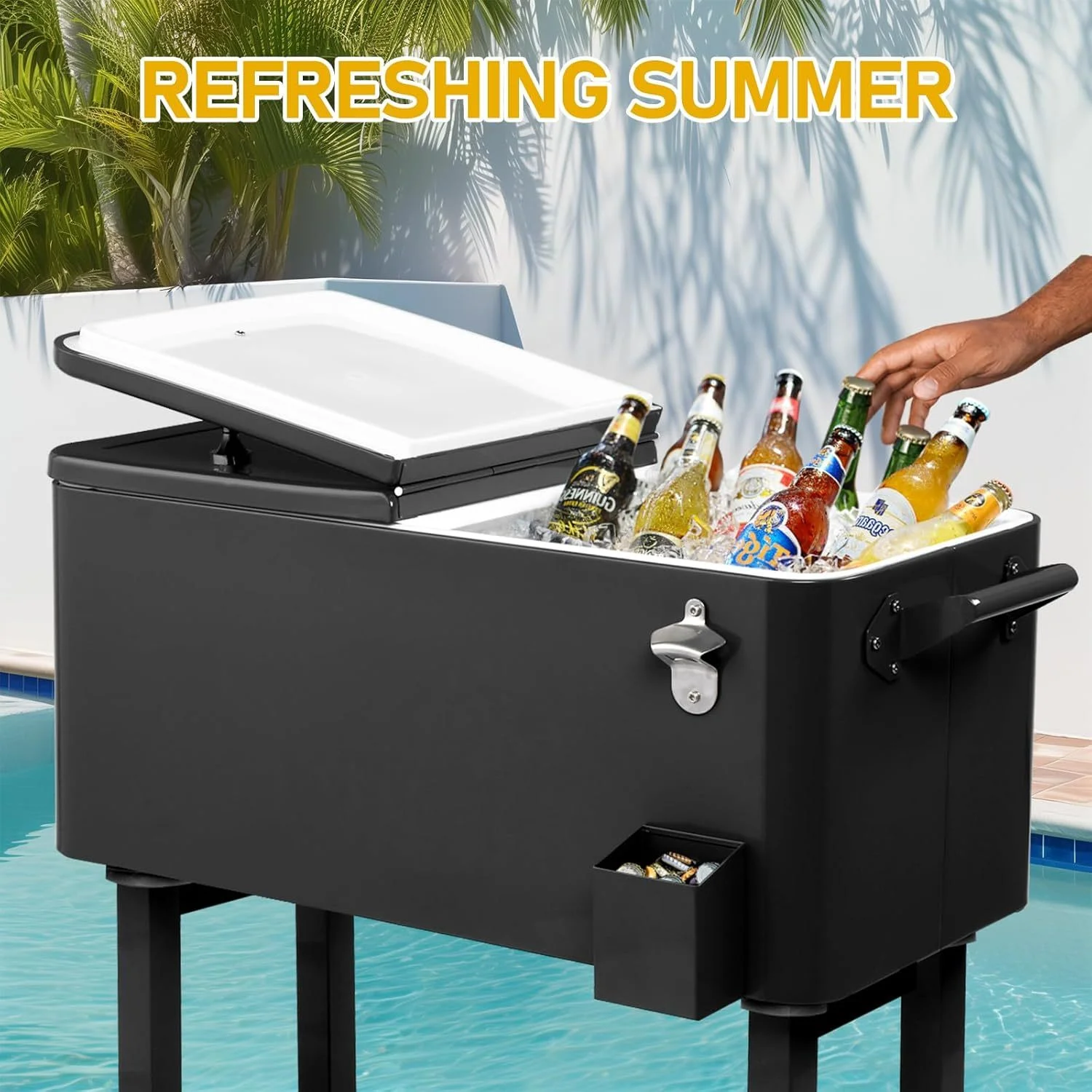 ?Large 80 Quart Portable Rolling Cooler with Lockable Lid, Features Catch Basin, Utility Tray, and Bottle Opener for Patio, Parties, Boating, and Vacation? - Image 7