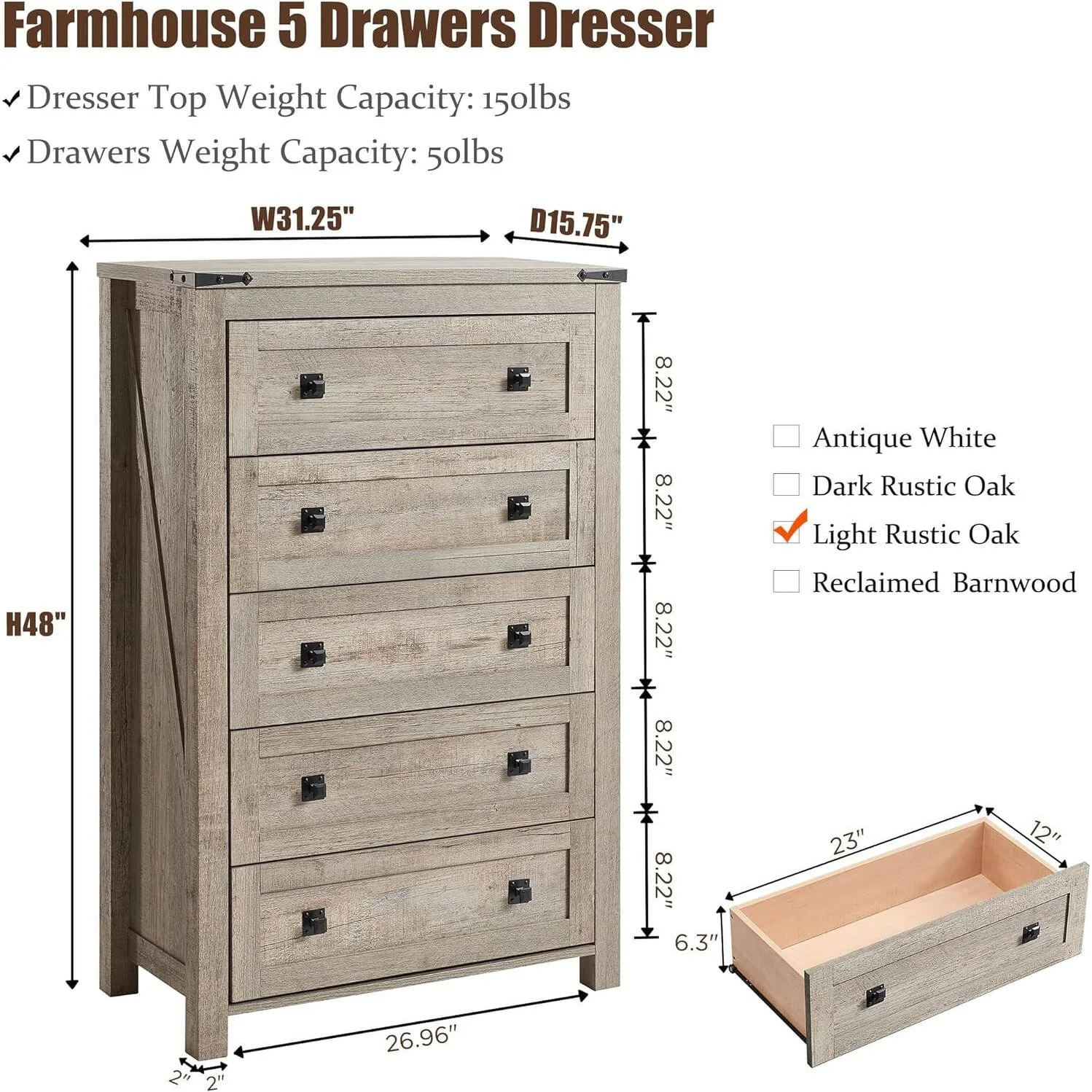 48 Inch Tall Farmhouse Wood Dresser, 5 Drawer Chest of Drawers for Bedroom - Image 12