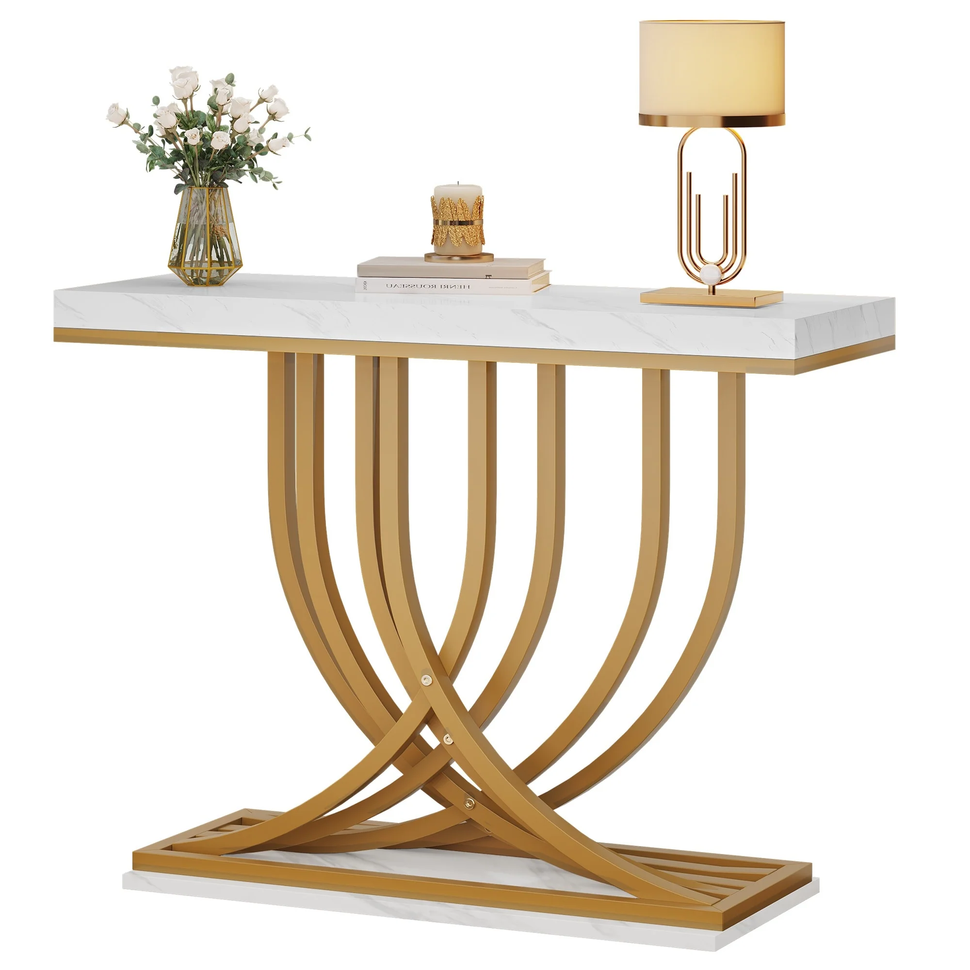 Modern Gold Console Table with Marbled Top, Sofa Table for Entryway and Hallway - Image 5