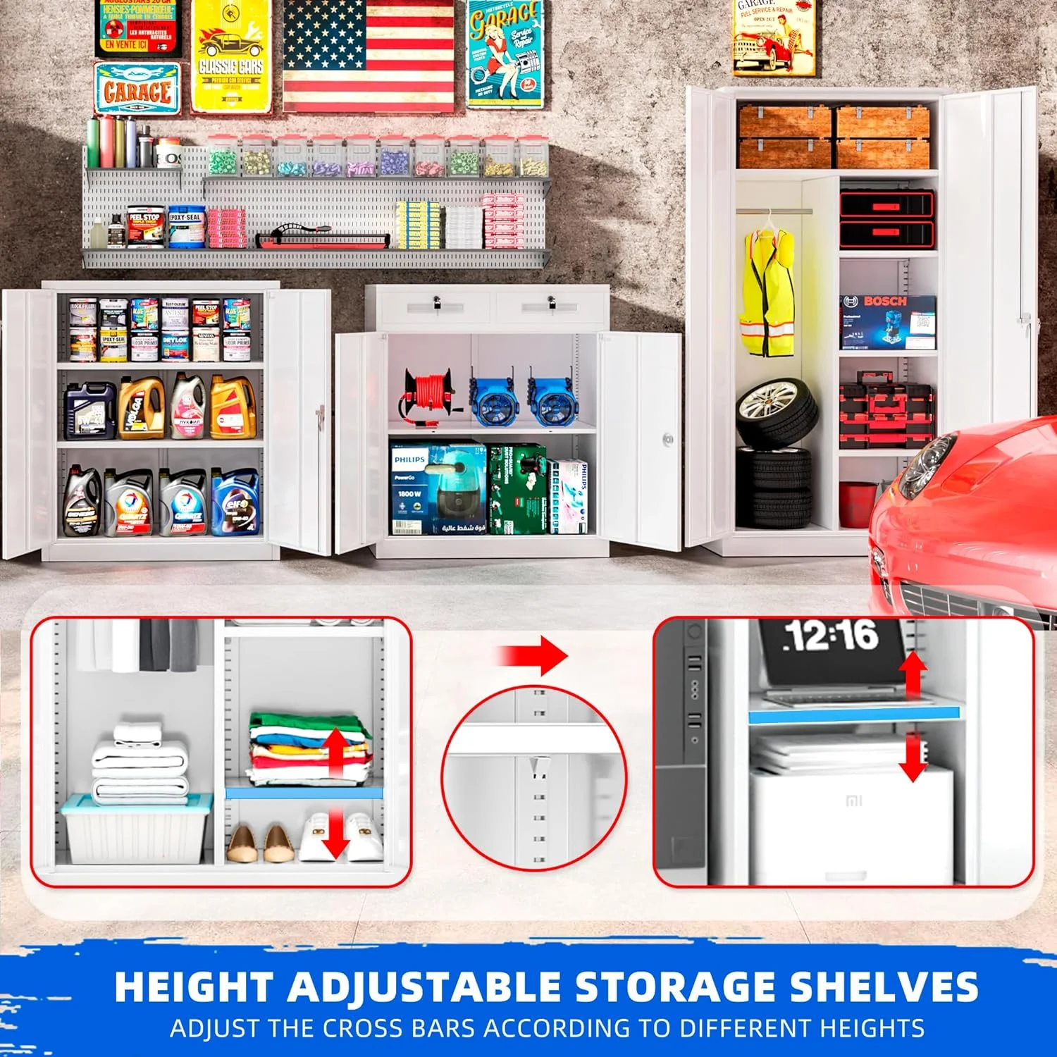Superday Locking Metal Storage Cabinet with 2 Drawers, Lockable Garage Storage Cabinet with Locking Doors and Adjustable Shelves, Tool Cabinets for Home Office, School, Etc - Image 14