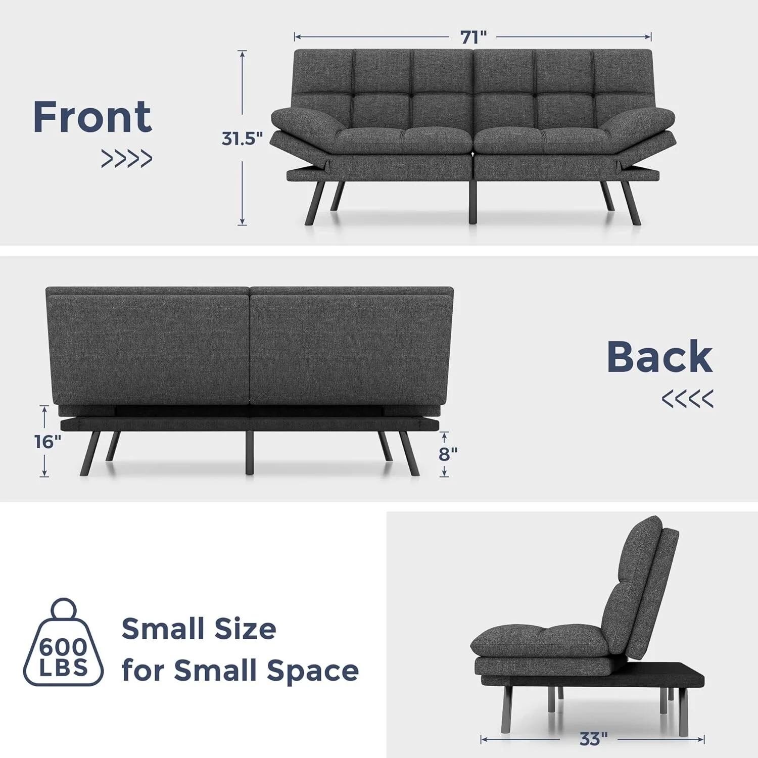 Convertible Futon Sofa Bed with Memory Foam, Foldable Loveseat Sleeper with Adjustable Armrests - Image 14