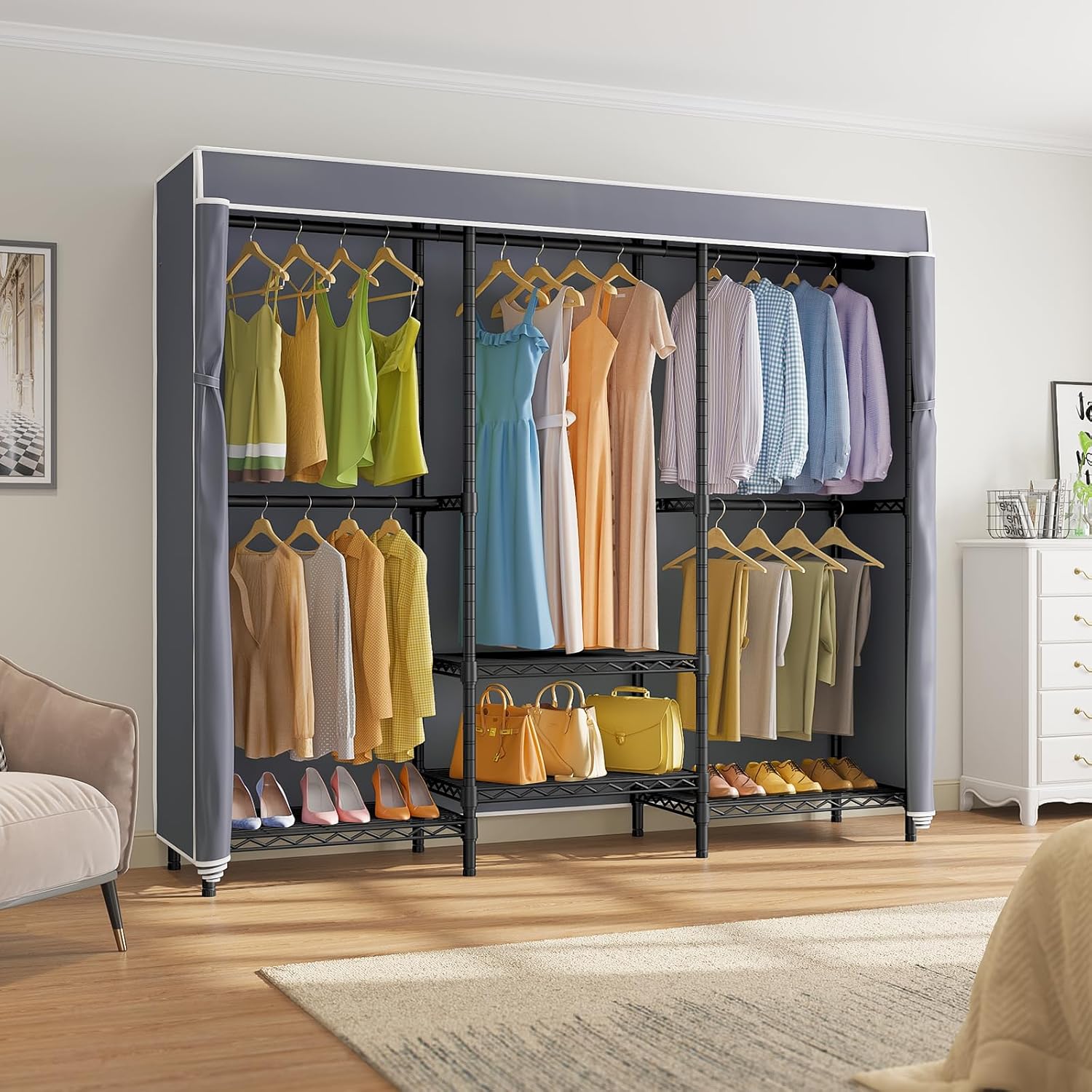 V5C SE Covered Garment Rack Heavy Duty Clothes Rack with Cover and Adjustable Shelves, Freestanding Portable Closet Racks Clothes Storage Wardrobe Closets, Black Clothing Racks with Grey Cover - Image 4