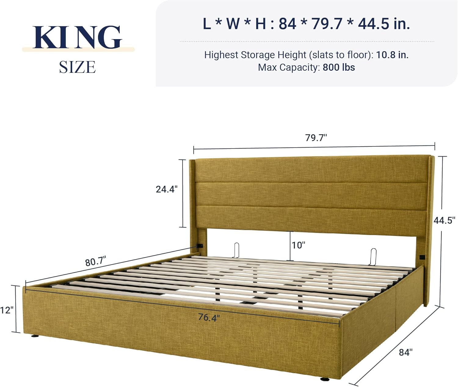 Queen Size Lift Up Storage Bed with Wingback Headboard, Upholstered Platform Bed Frame with Hidden Storage - Image 101