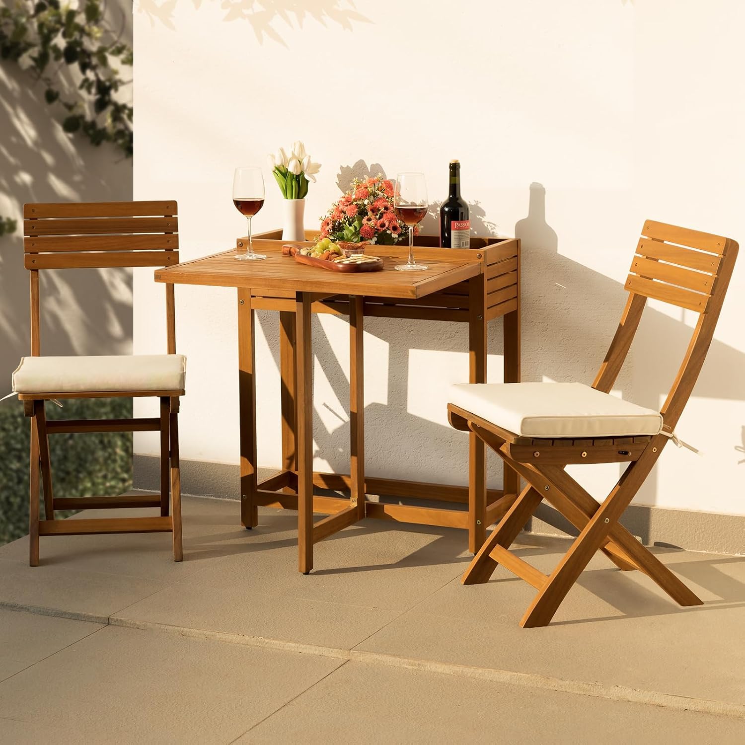 Heavy Duty 400lbs Capacity Patio Bistro Sets, 3 Piece Outdoor Folding Chairs with Cushions and Square Table, FSC-Certified Acacia Wood, Space-Saving Design for Balcony, Garden and Porch - Image 6