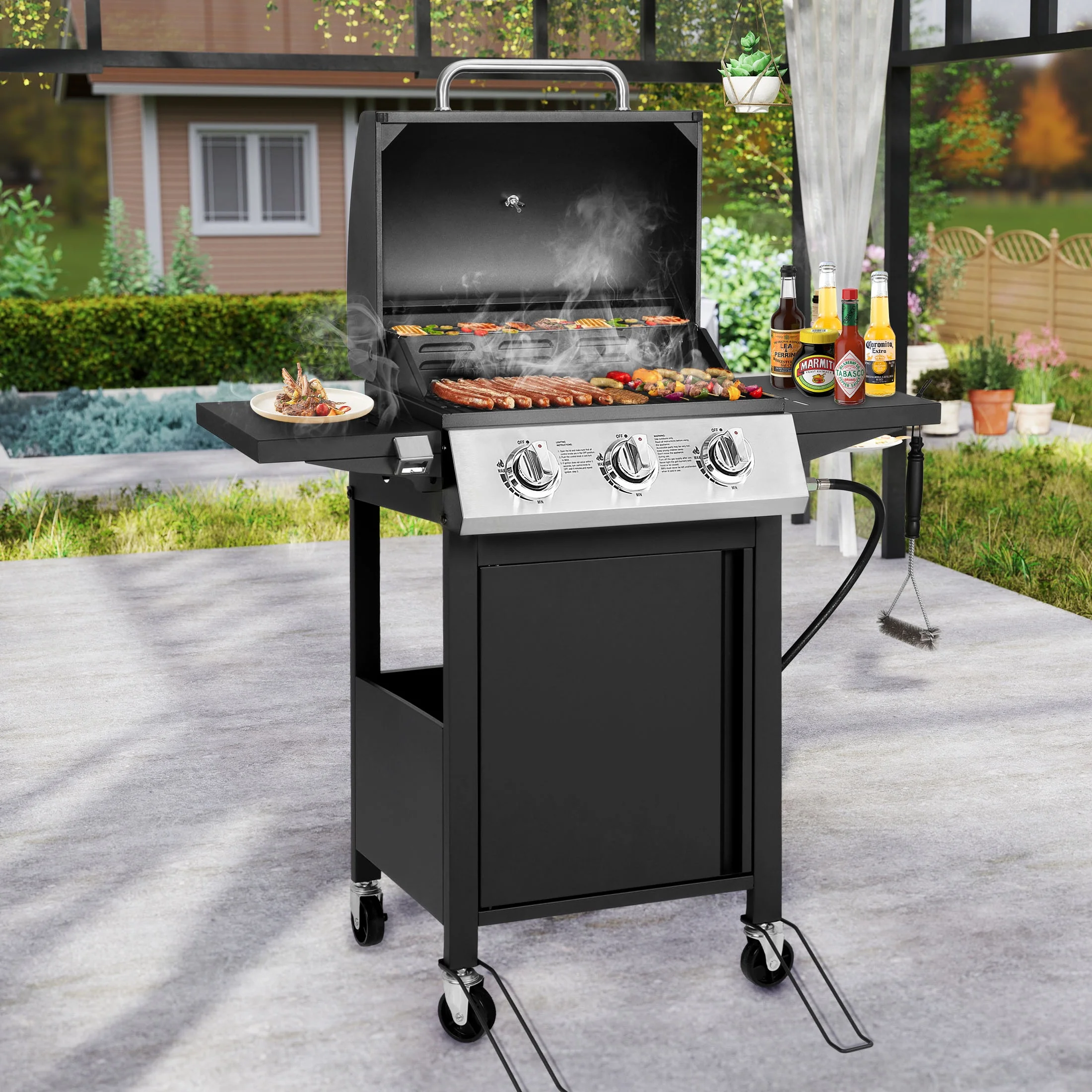 SEGMART 4 Burner BBQ Propane Gas Grill, Stainless Steel 40,000 BTU Patio Garden Barbecue Grill with Folding Side Tables, Cleaning Brush & Thermometer, Perfect for Camping, Outdoor Cooking - Image 11