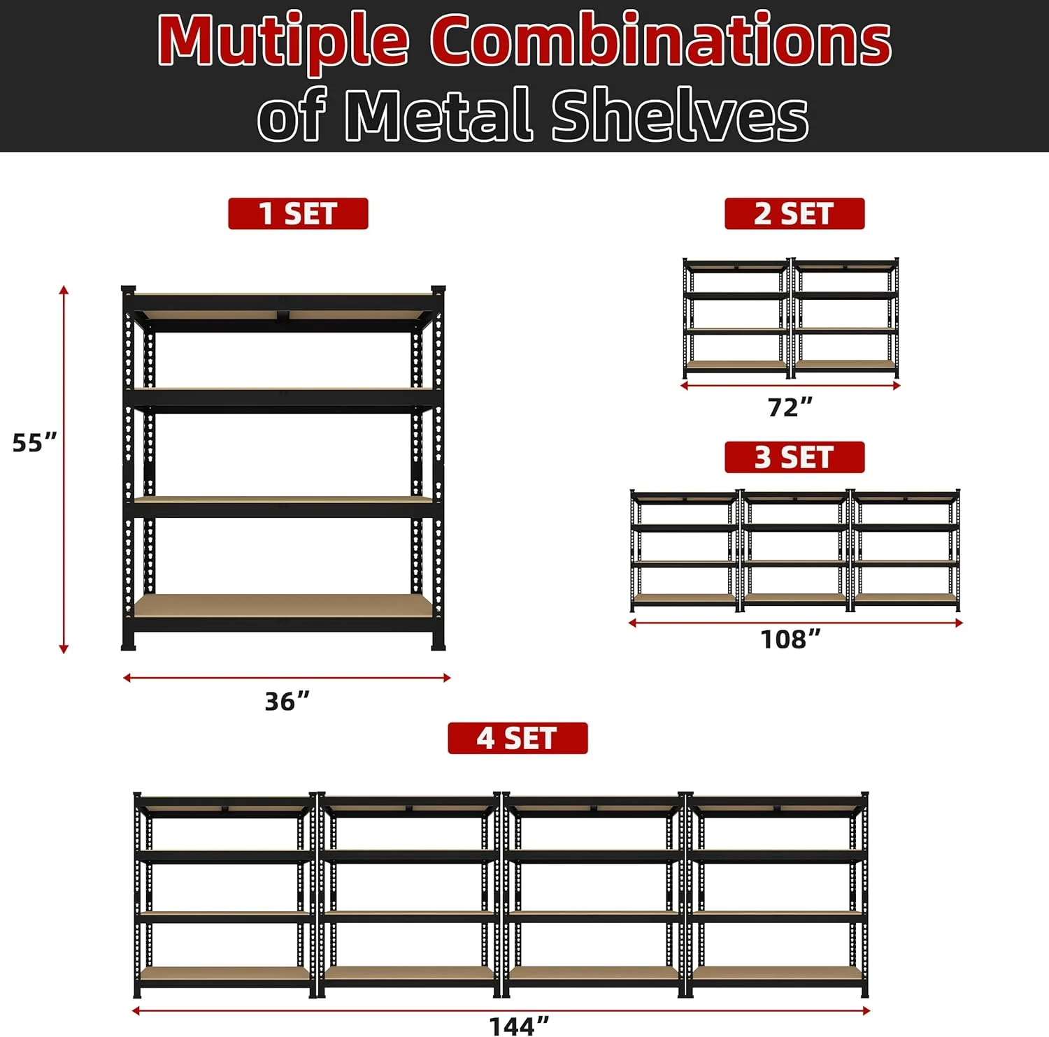 36" W x 16" D x 55" H Adjustable Garage Storage Shelves - 4-Shelf Heavy Duty Shelving Unit, Metal Utility Storage Organizer Racks for Warehouse Pantry Closet Kitchen, Black - Image 8
