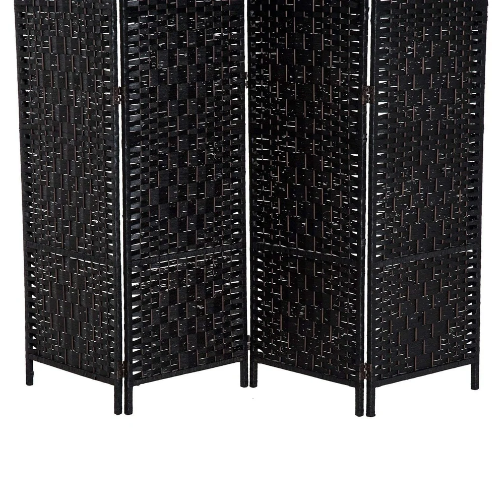 6 Ft Tall Four-Panel Wicker Weave Room Divider, Black Wood Privacy Screen - Image 4