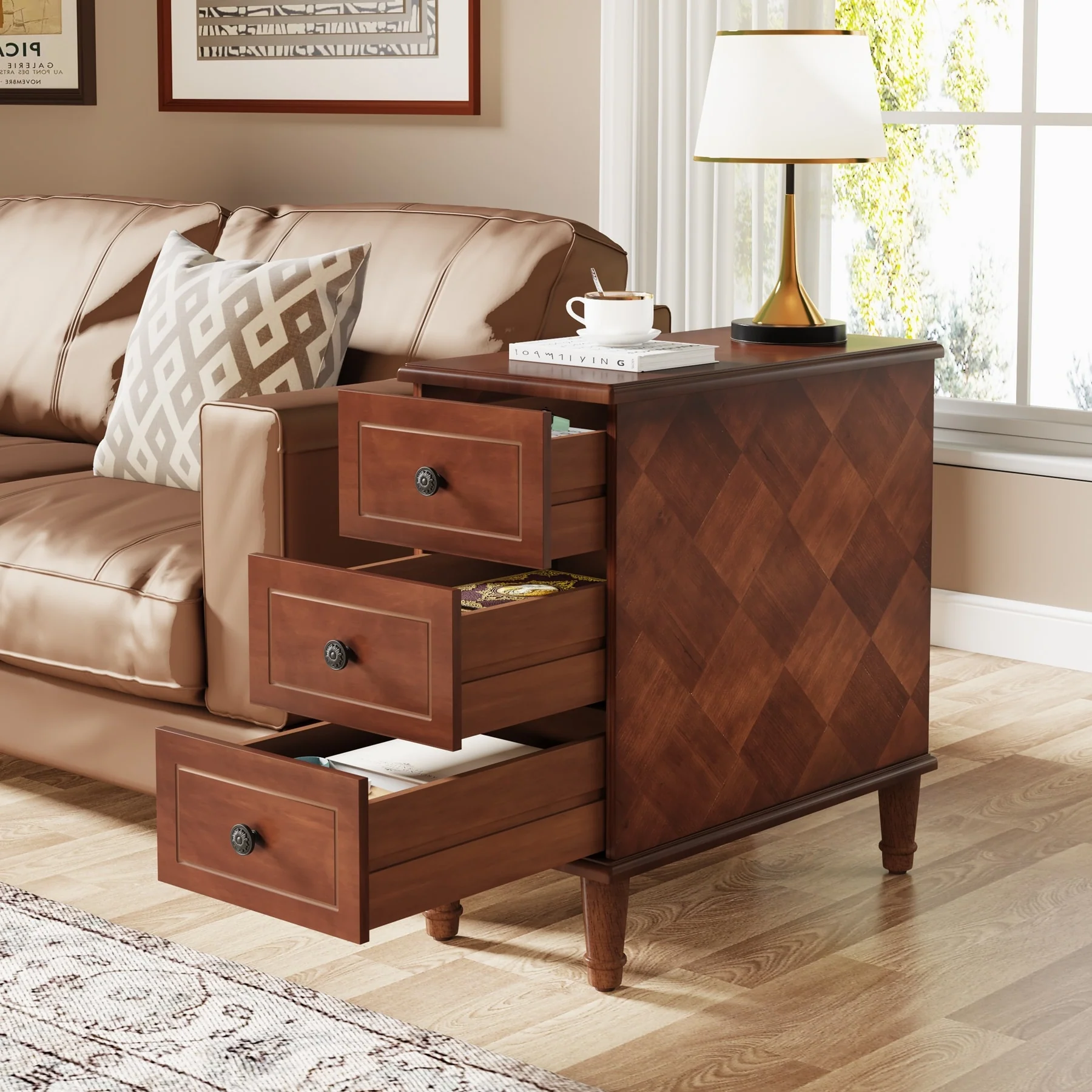 Fully Assembled Narrow End Table, Solid Wood Side Table with 3 Drawers, Vintage Nightstand for Small Spaces - Image 13