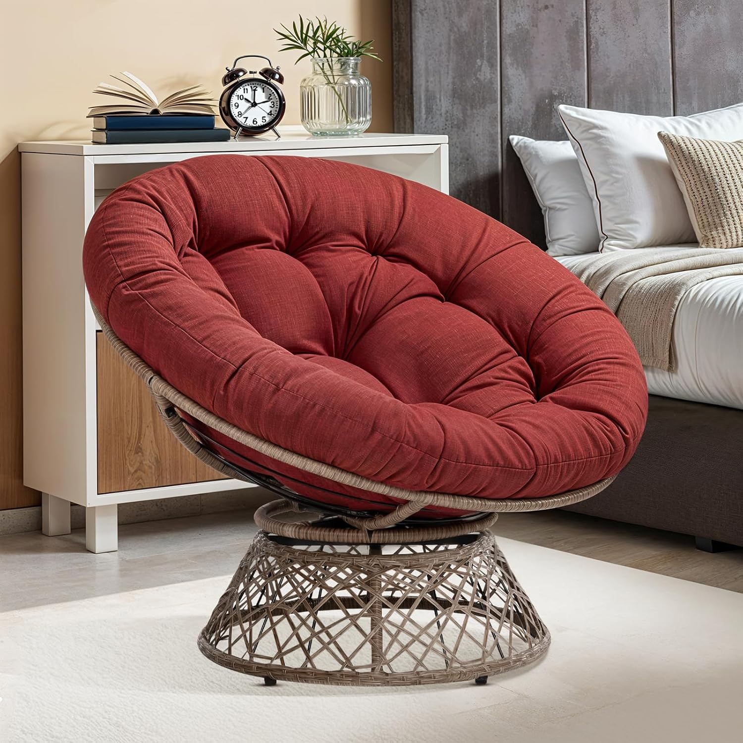 40" Wicker Papasan Chair, 360° Swivel, Arctic Snow, Brown Base - Image 8