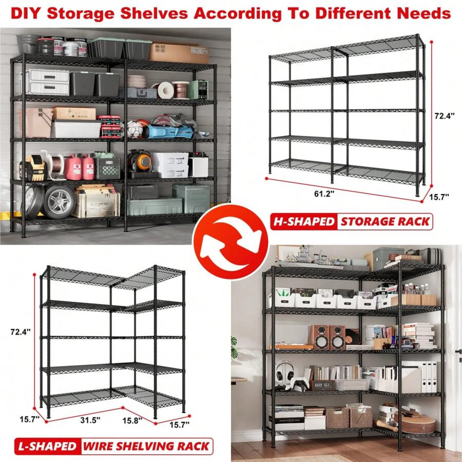 NTGFU 1500 LBS Storage Shelves, 61.7"W Wire Shelving Unit, 5 Tier Metal Shelving for Storage, Rack Shelves for Storage, Heavy Duty Garage Shelf, Pantry Shelves, Kitchen Shelving - Image 4