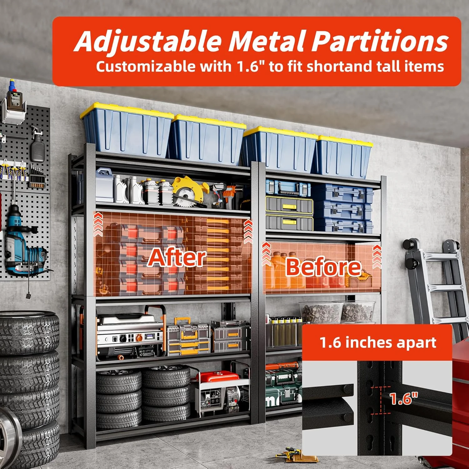 59" W Garage Shelving,5-Tier Heavy Duty Shelving Unit,3000LBS Adjustable Metal Storage Shelves,Storage Rack Units for Industrie,Shed,Warehouse,Basement,Black,59" W x 20" D x 72" H - Image 5