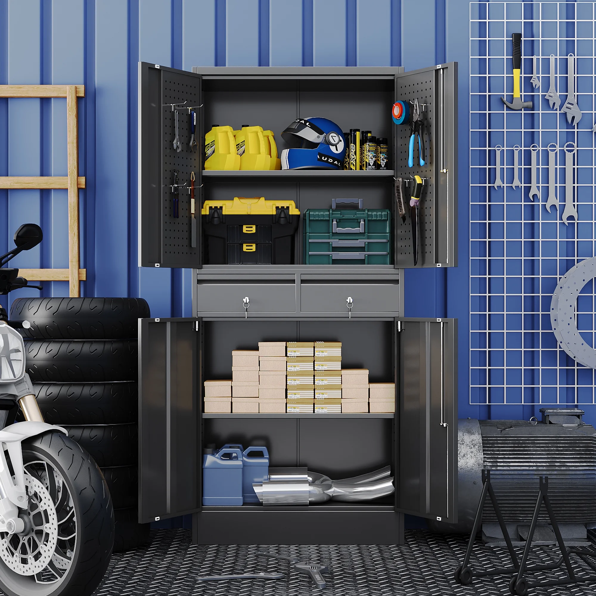 GAEANET 2 Door Metal Storage Cabinet with 5 Adjustable Shelves &Pegboard, 71" H-32" W-16" D Locking Steel Garage Cabinet, for Garage,Office,Home,Gym,School, File Cabinet,Assembly Required, Black - Image 33