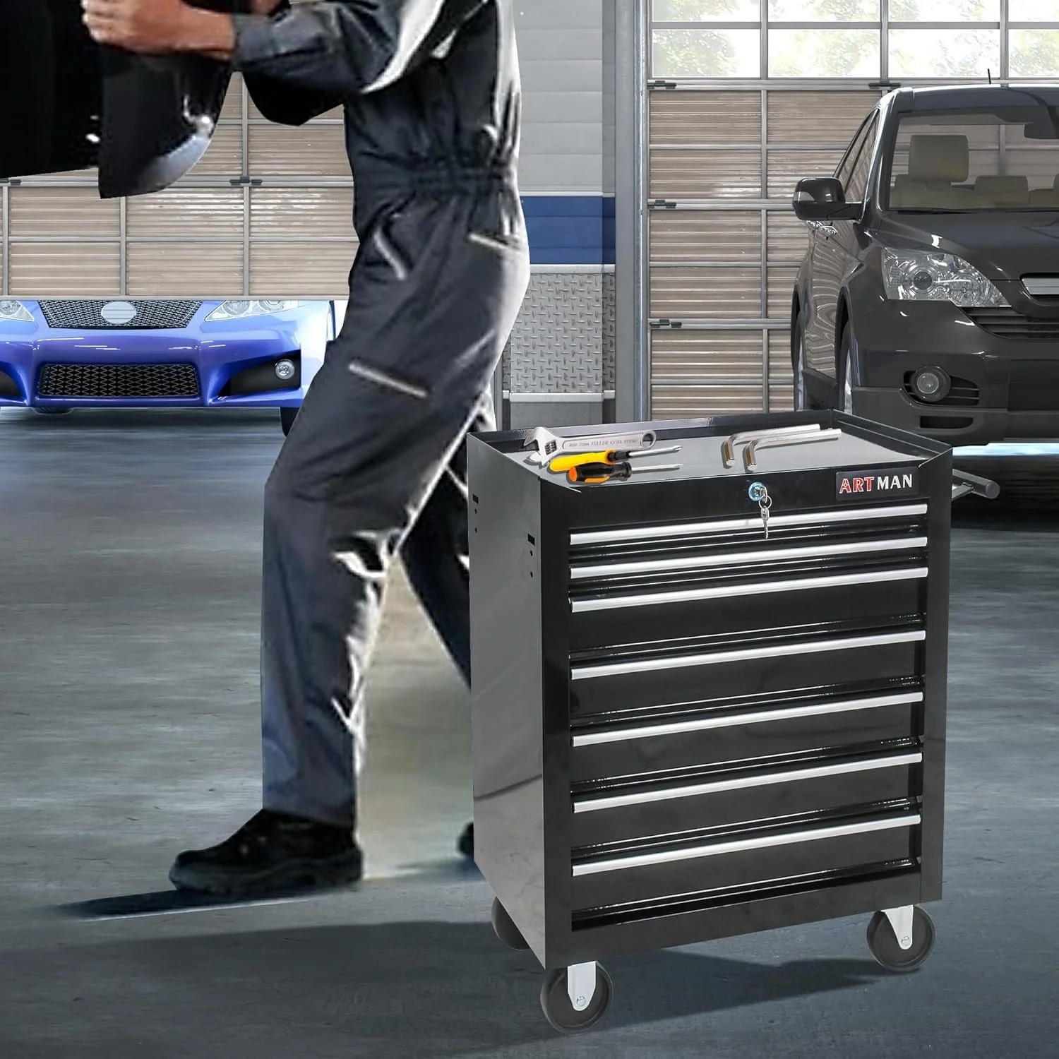 POVANLI 7-Drawer Rolling Tool Chest with Wheels Multifunctional Tool Chest Portable Tool Storage Cabinet with Locking System for Garage Workshop Warehouse Repair Shop - Image 17