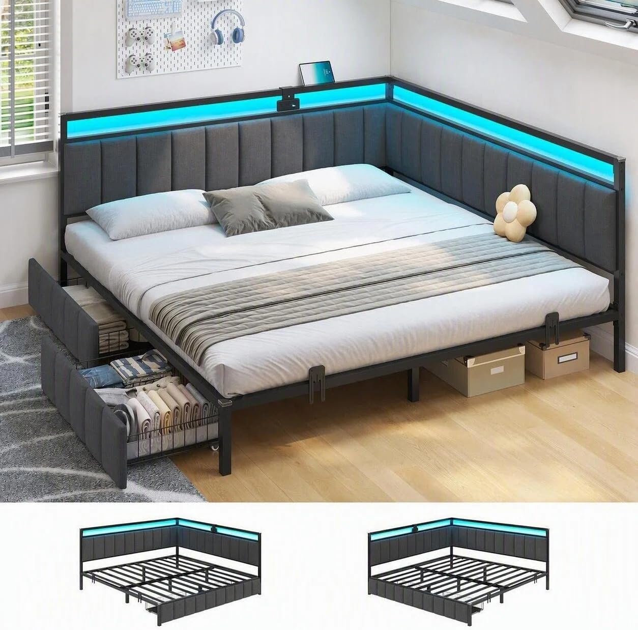 Corner Bed Frame with Storage Drawers, Twin Daybed with Line Fabric Upholstered Fence, Kids Bed Unit with LED Light and Charging Station, Modern Bed Frame Twin Size, Beige - Image 7