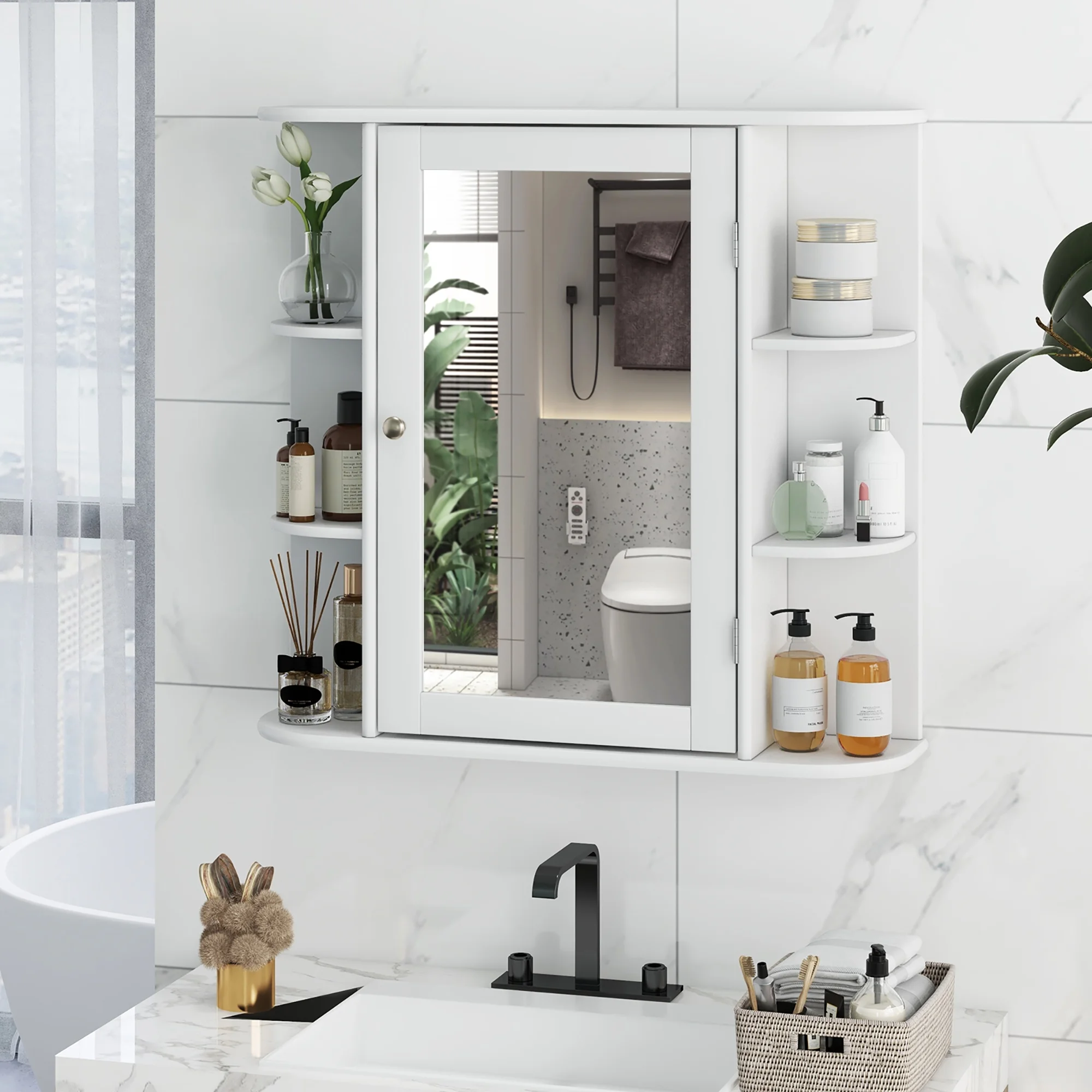 Gymax Bathroom White finish Multipurpose Mount Wall Surface Storage Cabinet Mirror - Image 4