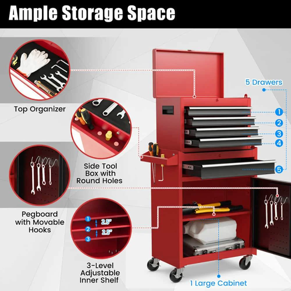 Demifill 2-in-1 Tool Chest and Cabinet with 5 Sliding Drawers, Large Storage Space and Detachable Design, Red - Image 17