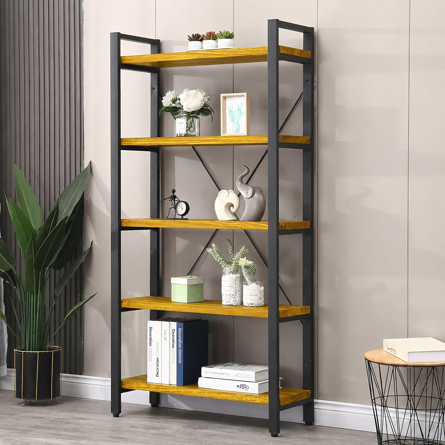 5-Tier Bookcase, Rustic Vintage Industrial Etagere Bookshelf, Solid Wood & Metal Freestanding Bookcase, Retro Brown - Image 4