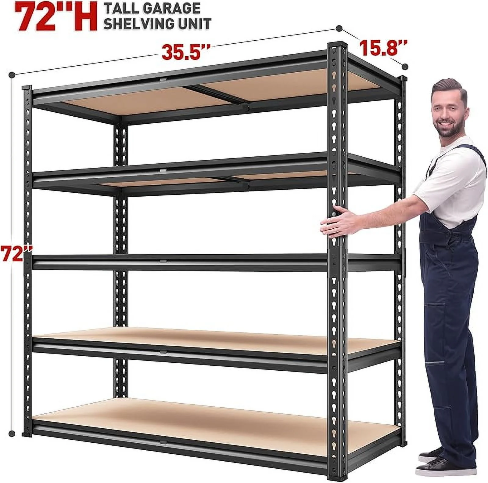 5 Tier Garage Storage Shelves, Industrial Style, 72"H x 35.5"W x 15.8"D, 2000LBS Capacity, Adjustable Height, Divisible Shelves - Image 3
