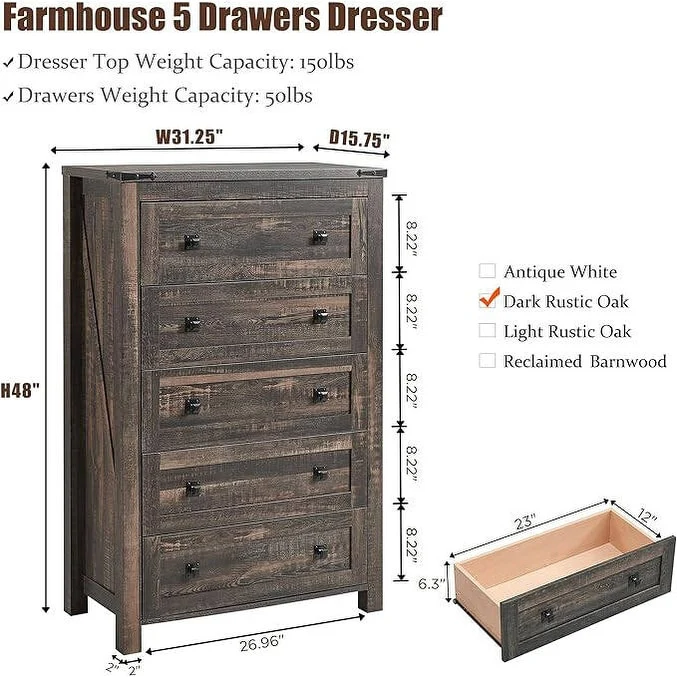 48 Inch Tall Farmhouse Wood Dresser, 5 Drawer Chest of Drawers for Bedroom - Image 27