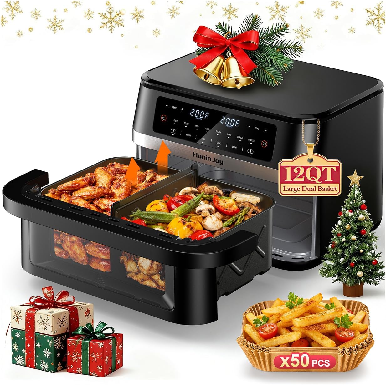 12QT 12-in-1 Dual Air Fryer with Flex Basket & 50PCS Paper Liners - Image 2