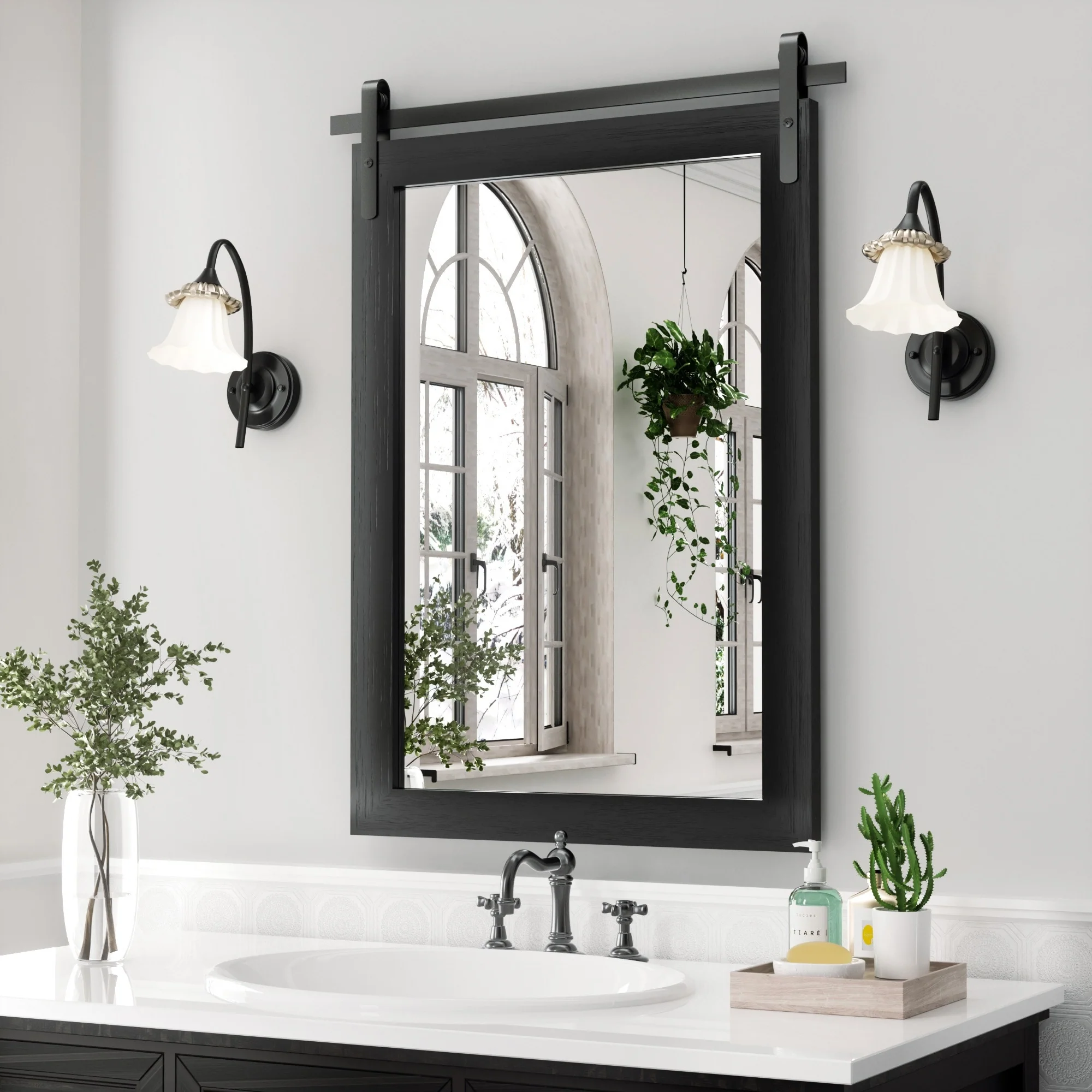 Modern Rectangular Wall Mirror with Wood Frame, Bathroom and Barn Door Mirror, Multiple Sizes - Image 4