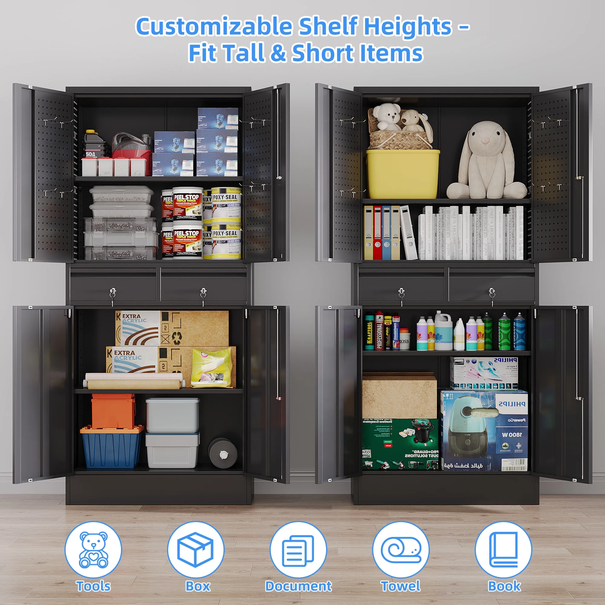 GAEANET 2 Door Metal Storage Cabinet with 5 Adjustable Shelves &Pegboard, 71" H-32" W-16" D Locking Steel Garage Cabinet, for Garage,Office,Home,Gym,School, File Cabinet,Assembly Required, Black - Image 31