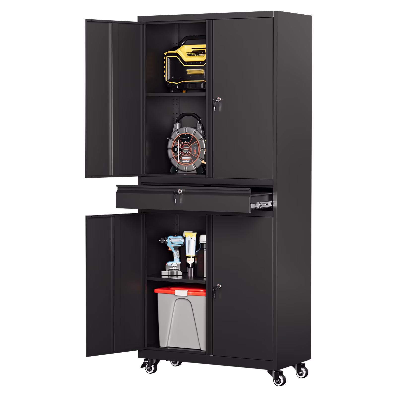 STANI Metal Garage Storage Cabinets with Drawer, 4 Doors Tool Storage Cabinet with 2 Adjustable Shelves, 73"H Rolling Steel Locking Cabinet for Garage Utility Room Home Office (Black, 4 Wheel)