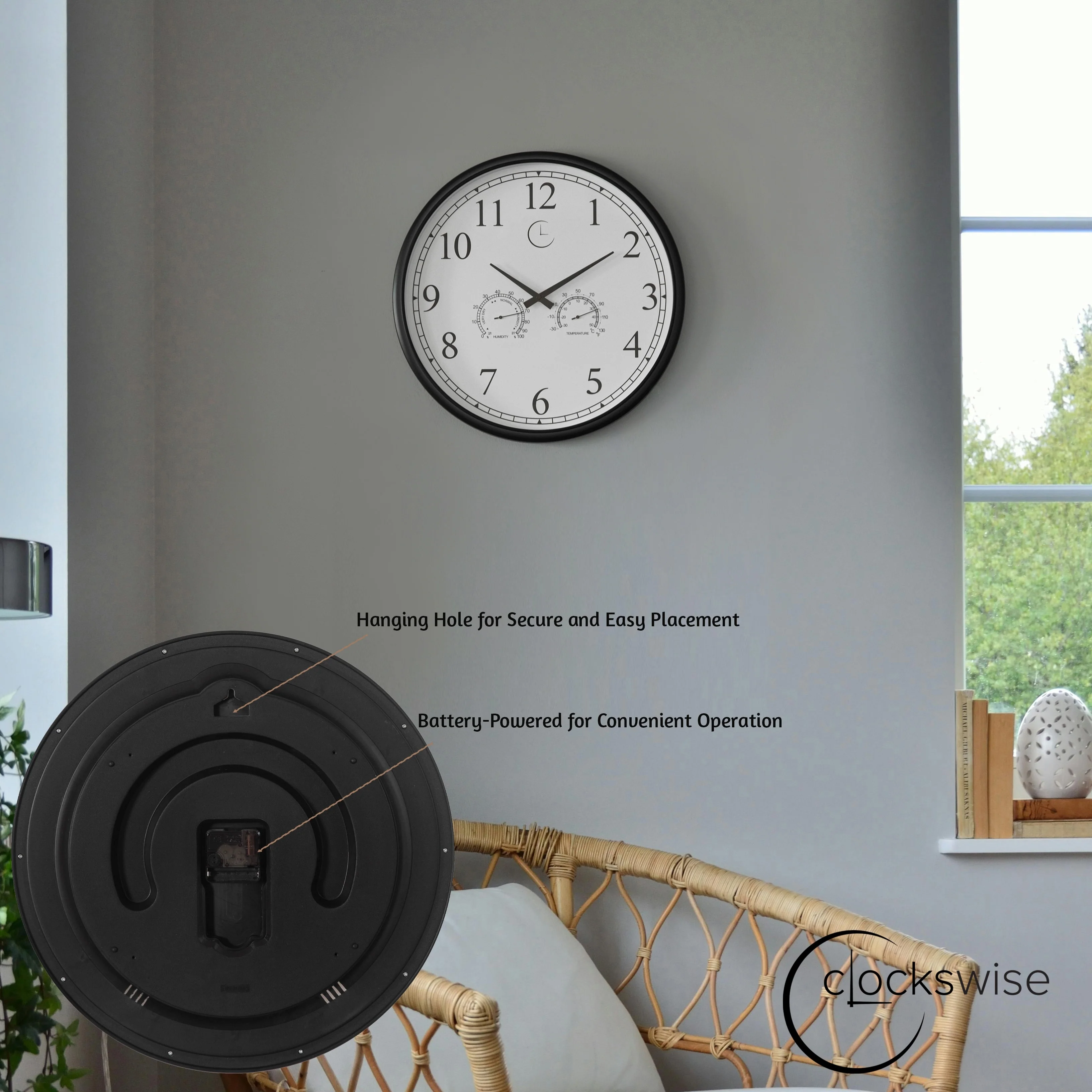 Large Outdoor Wall Clock with Thermometer, Waterproof Silent Garden Weather Station, Black - Image 18