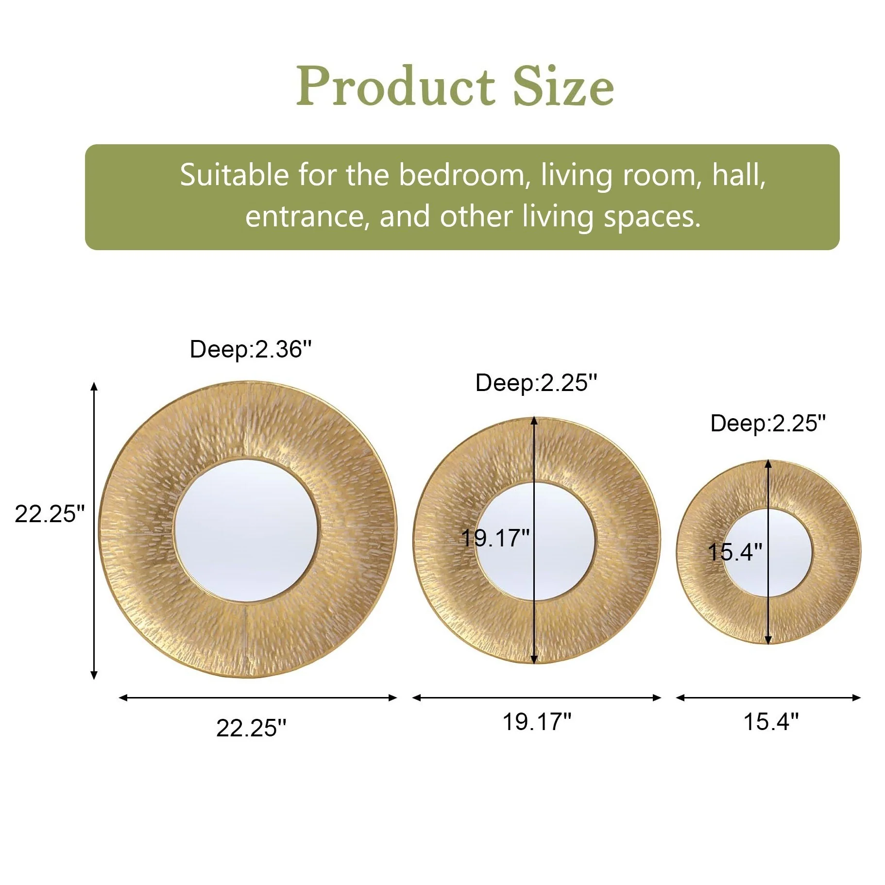 3-Piece Gold Metal Round Wall Mirror Set, 22.25" Diameter x 2.36" Deep, Decorative Wall Mirrors - Image 13